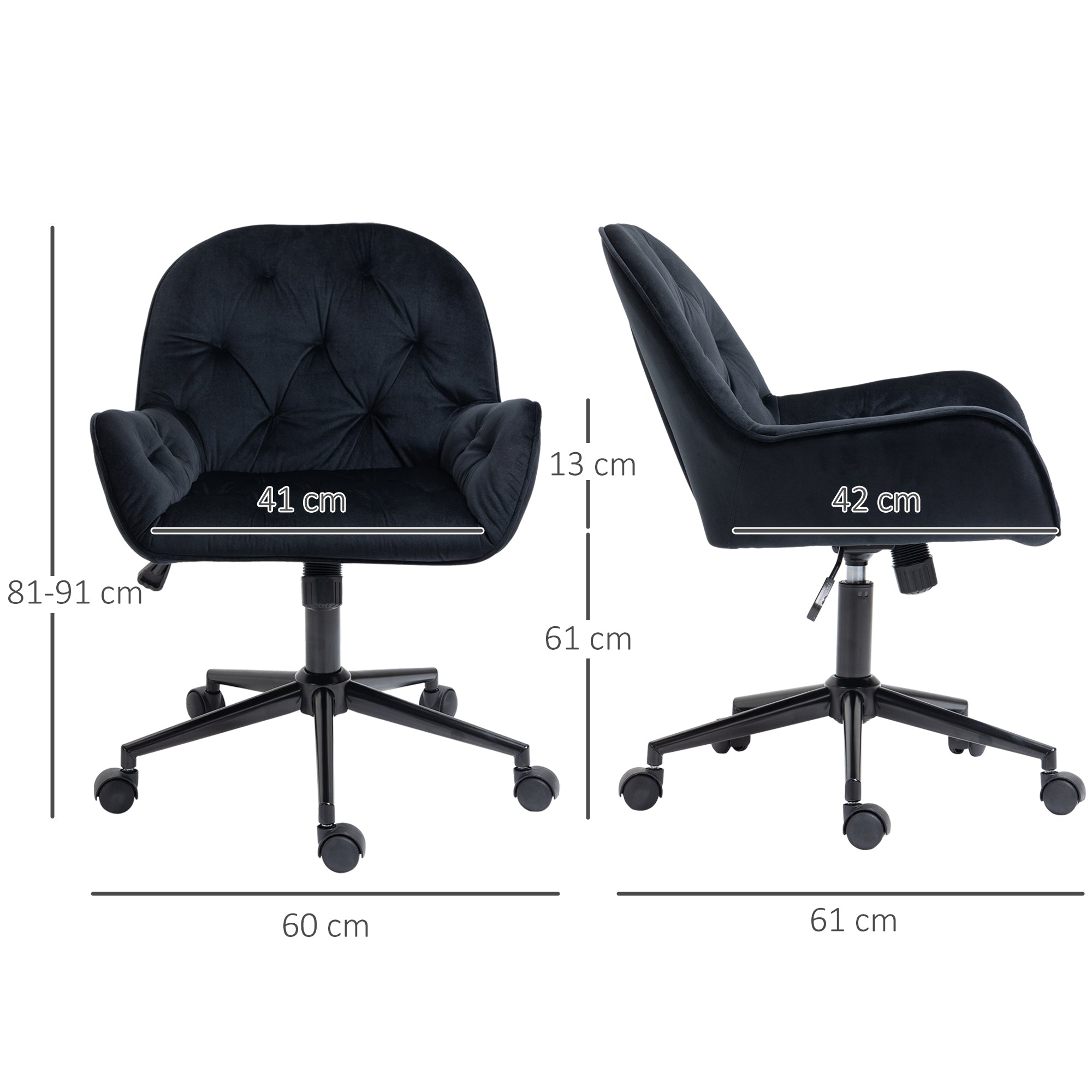 Vinsetto bureaustoel draaistoel bureaustoel in hoogte verstelbare directiestoel stoel bureaustoel fauteuil kantoor fluweelzacht polyester zwart 60 x 61 x 81-91 cm