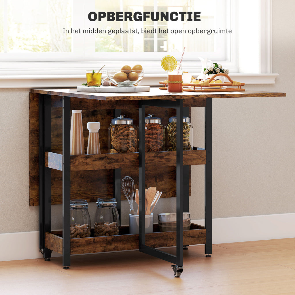 HOMCOM Inklapbare Eettafel in Industrieel Ontwerp, voor tot 4 Personen, Open Schappen, Flexibel, Metaal, Spaanplaat, Bruin