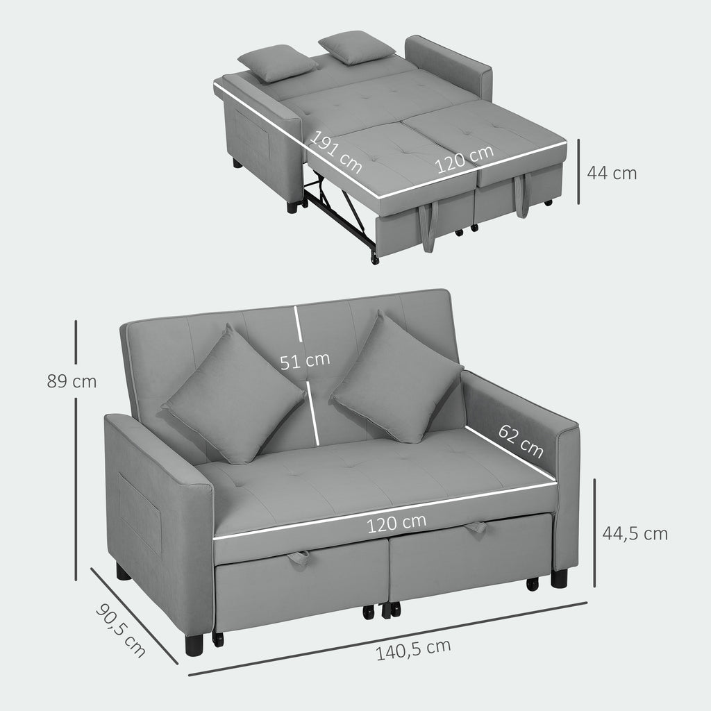 HOMCOM 4-in-1 Sofa, Verstelbare Bank, Bedbank, met Kussens, Stoffen Bekleding, voor Woonkamer, Slaapkamer, Grijs