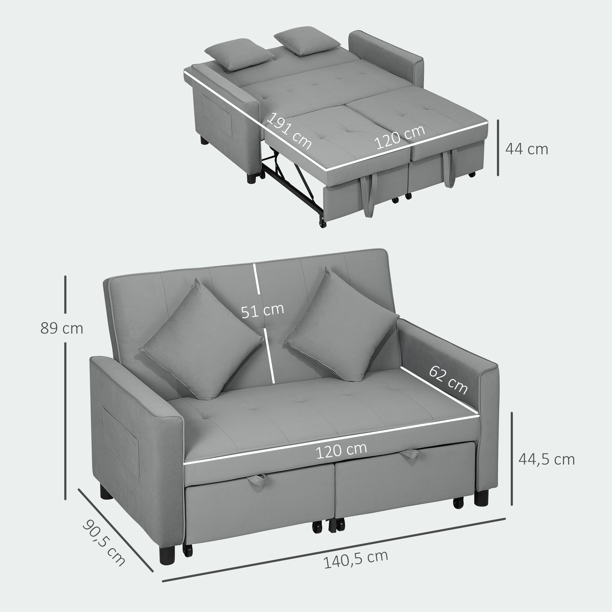 HOMCOM 4-in-1 Sofa, Verstelbare Bank, Bedbank, met Kussens, Stoffen Bekleding, voor Woonkamer, Slaapkamer, Grijs