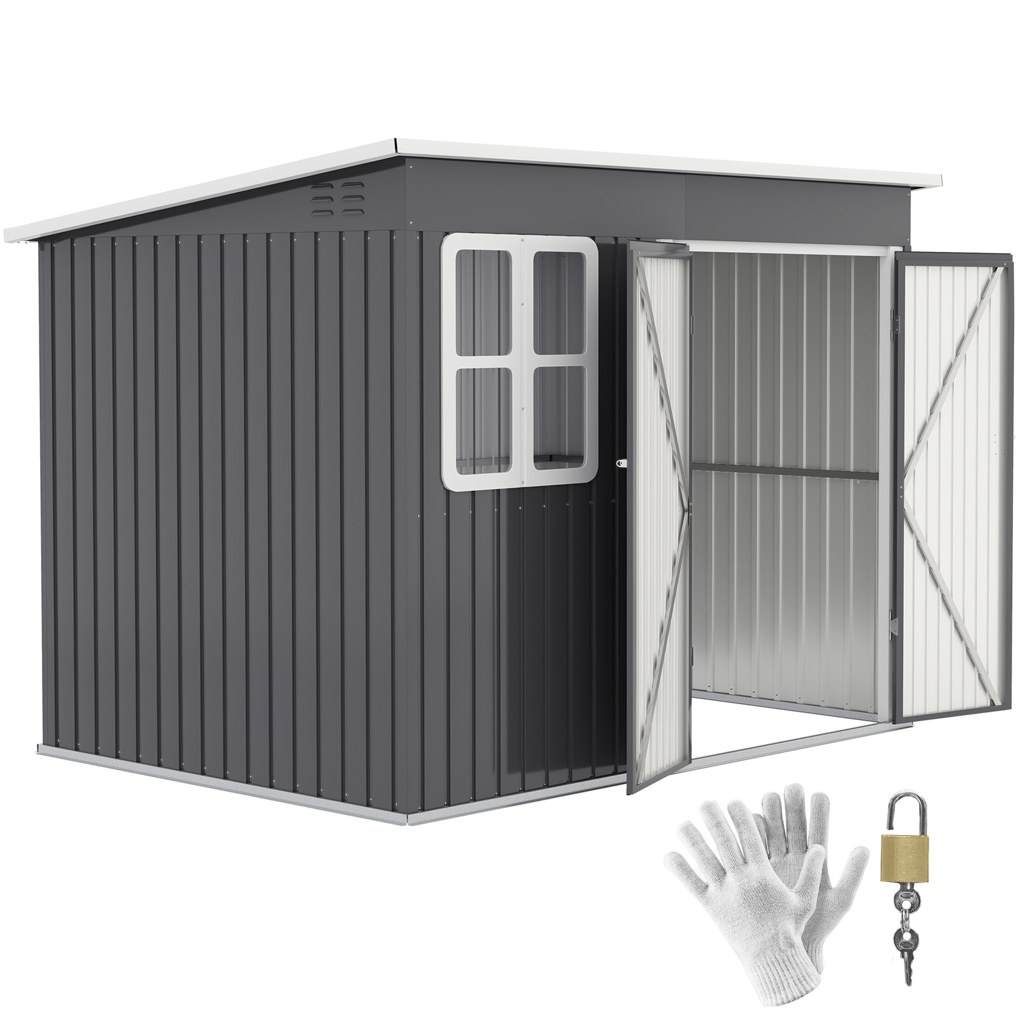 Outsunny Metalen Tuinschuur voor Opslag van Tuingereedschap, met Venster, Brede Deur, 260 x 177 x 190 cm, Donkergrijs