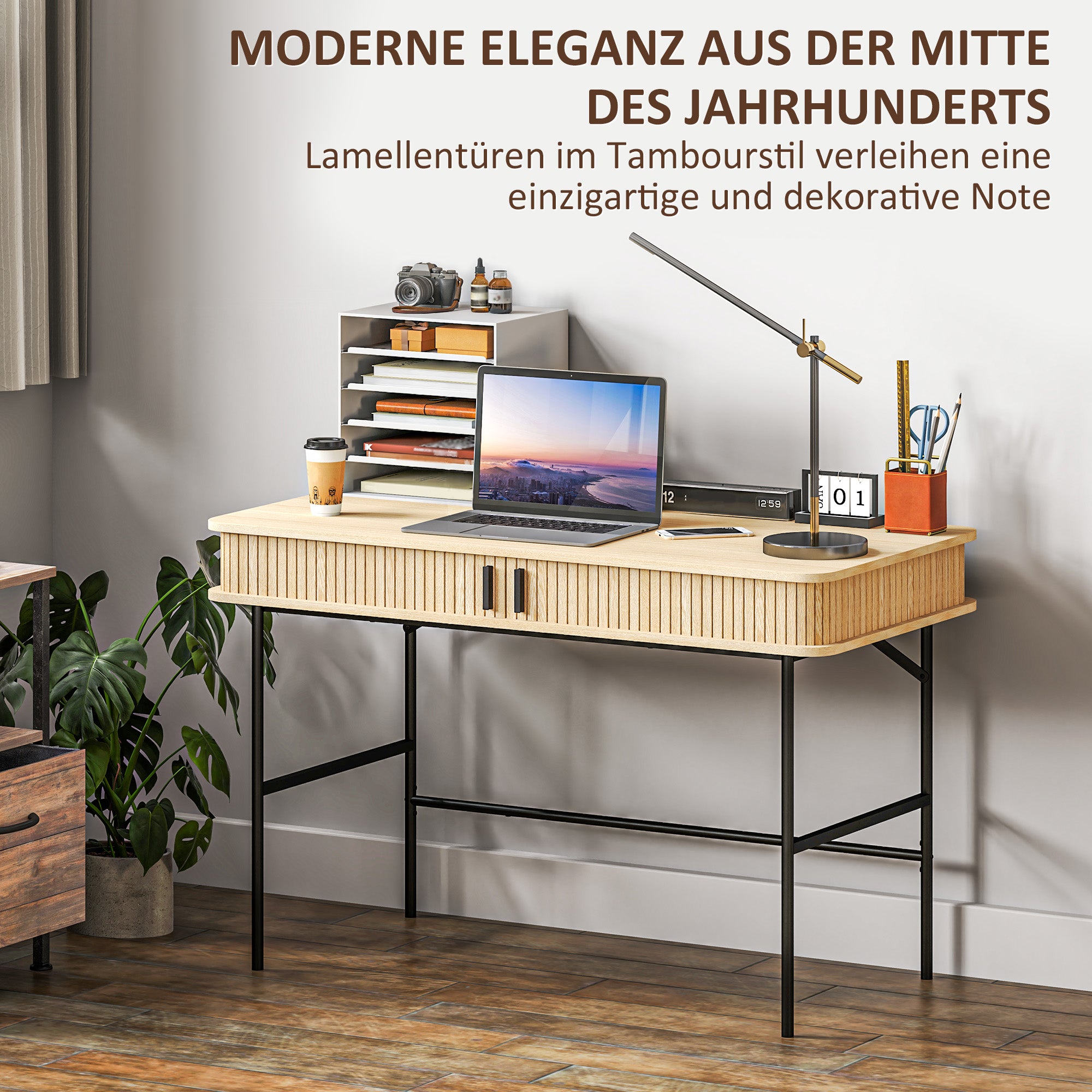 HOMCOM Bureau, Retrostijl, Lamellendecor, Opbergvakken, Stalen Poten, 120 x 60 x 76,5 cm, Eik/Zwart