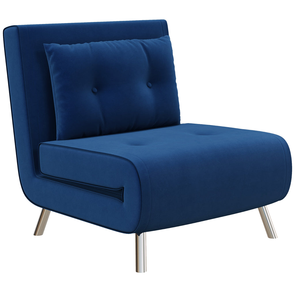 HOMCOM Ligstoel Stoel met Ligfunctie Slaapstoel, Knoopstiksels, Fluweellook, 77 cm x 88 cm x 83 cm, Blauw