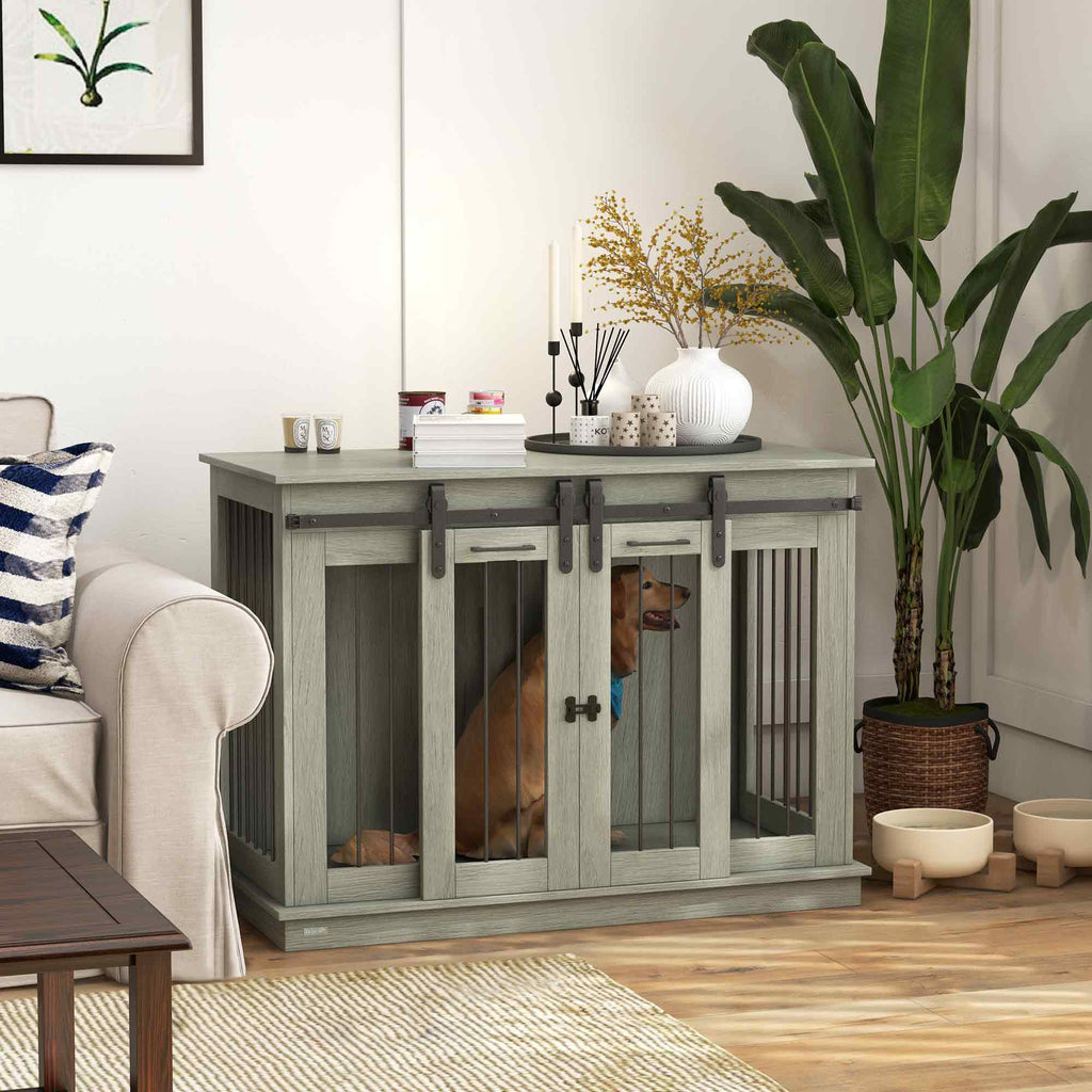 PawHut Hondenkooi met 2 Deuren, Hondenbox, Transportbox voor Honden, Landelijk Design, Vergrendelbaar, Grijs