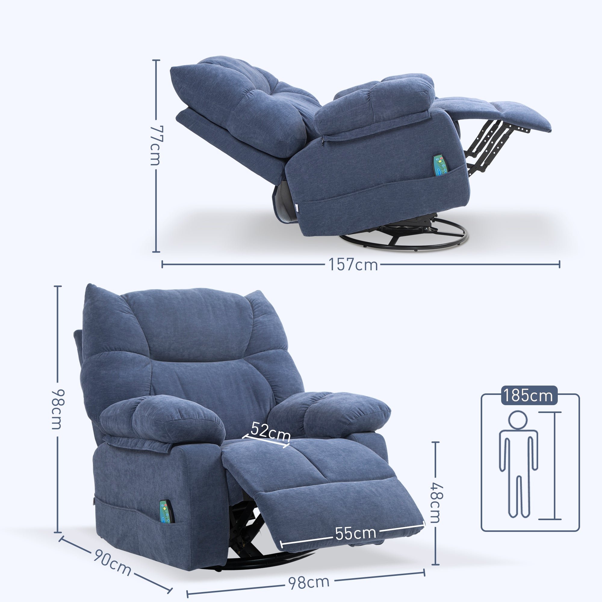 HOMCOM Massagestoel met Warmte- & Ligfunctie, Draaibaar, tot 150 kg, Metalen Frame, 98x90x98cm, Blauw