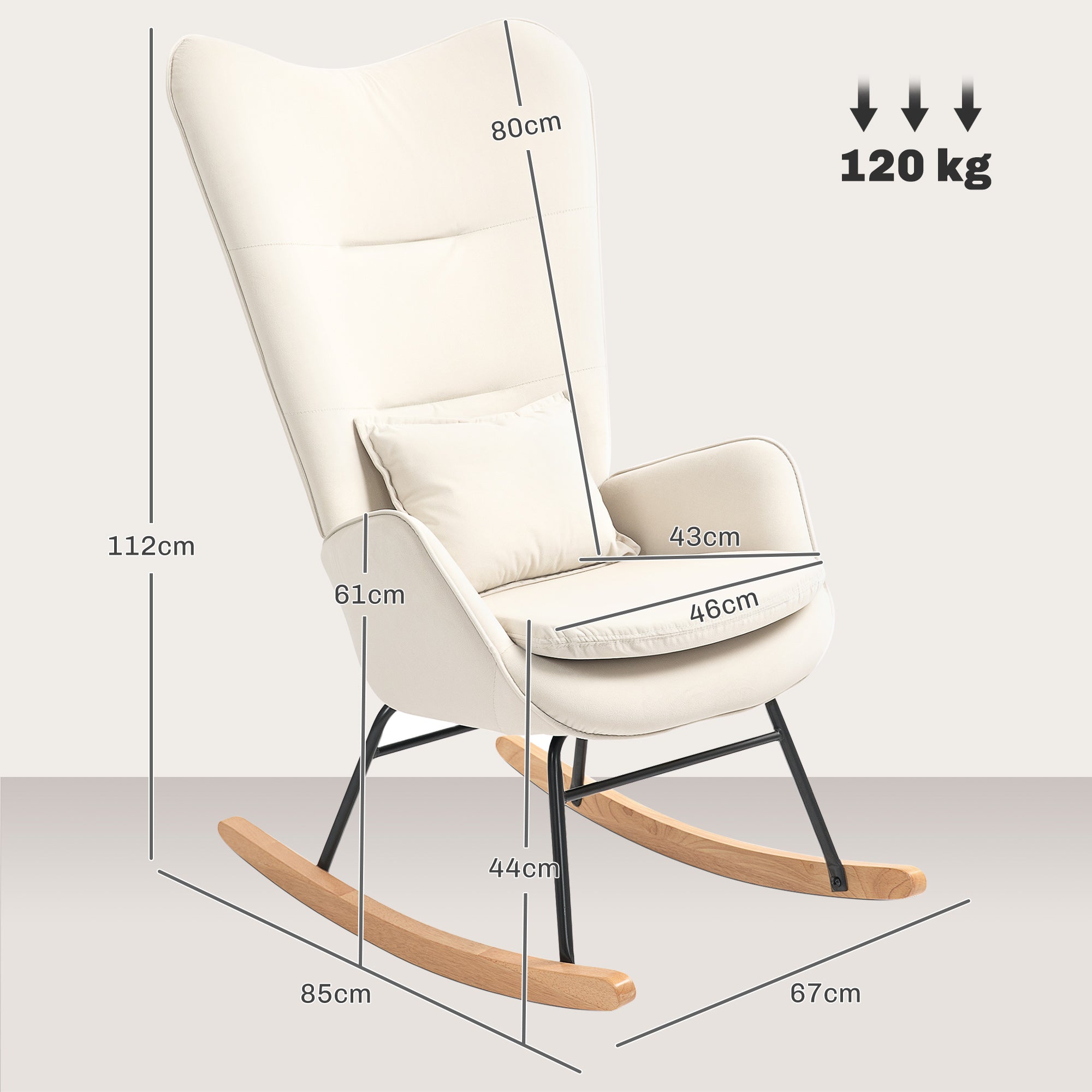 HOMCOM Schommelstoel in Samt-uitstraling met Lendenkussen, tot 120 kg, 67 x 85 x 112 cm, Crèmewit