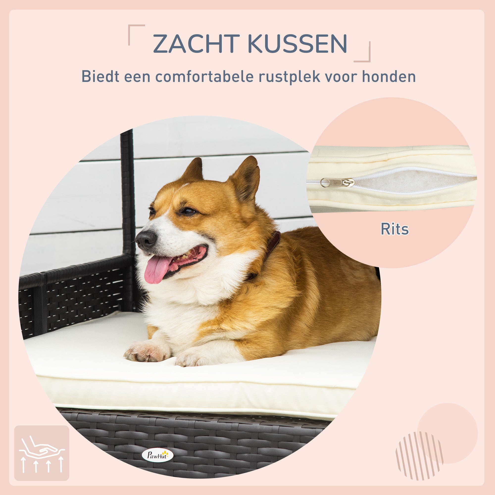 Pawhut Rotan hondenhok hondenbed met kussen in de vorm van een huis hondenhok voor buiten stalen frame PP