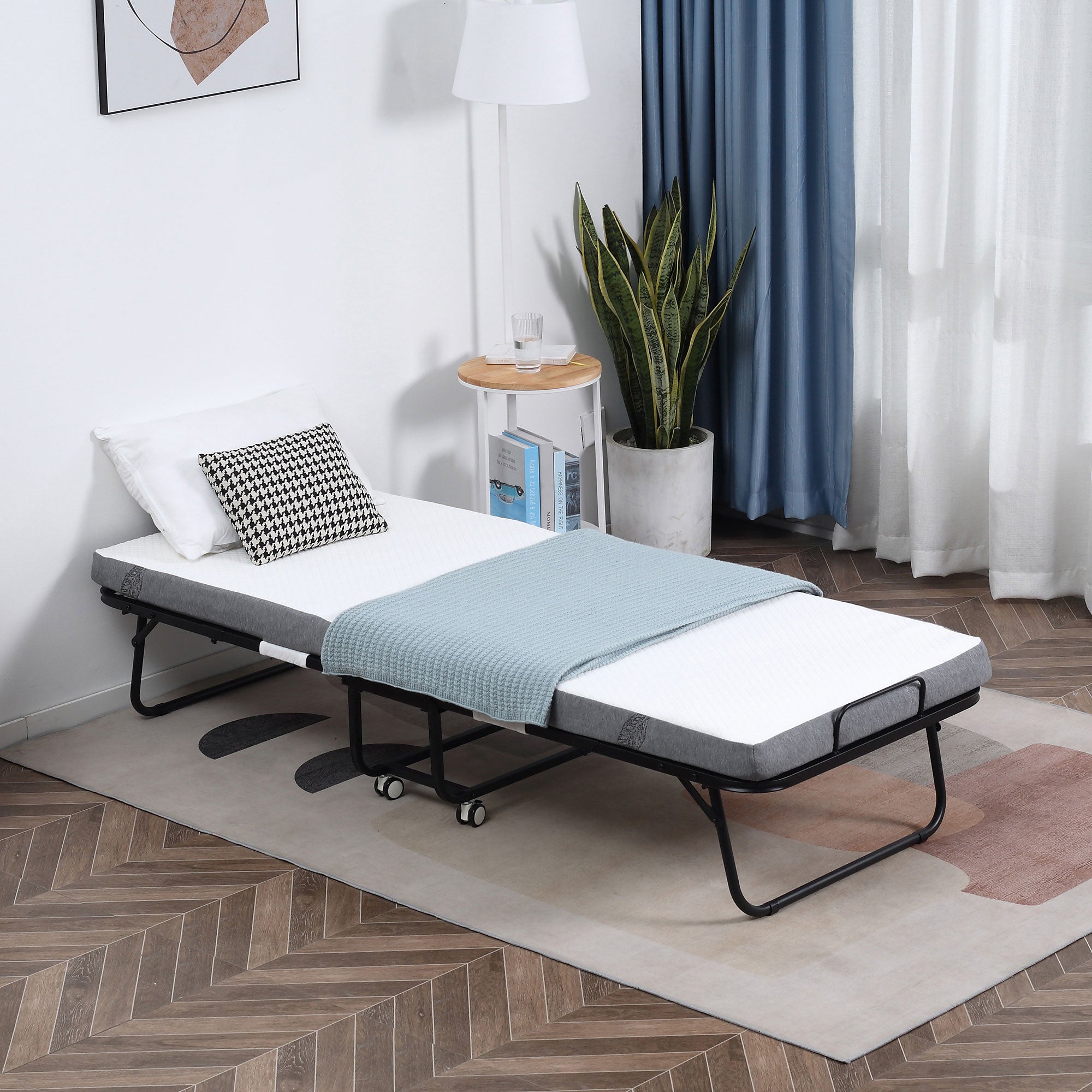 HOMCOM Opklapbaar bed 1 persoons met wielen verstelbaar, tot 150 kg, wit + zwart, 200 x 75 x 42,5 cm | Aosom.nl