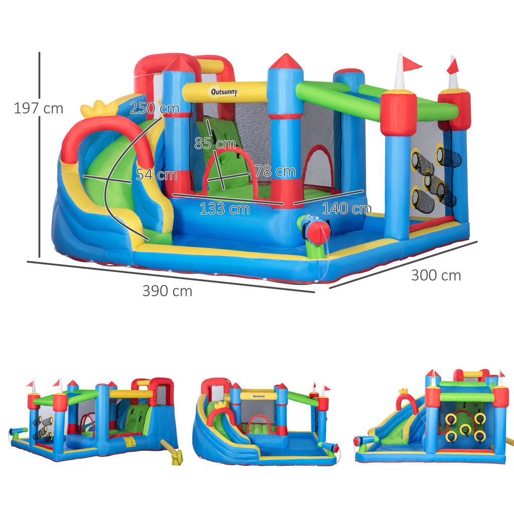 Outsunny springkasteel, opblaasbaar springkasteel, waterpark met waterglijbaan, kleurrijk