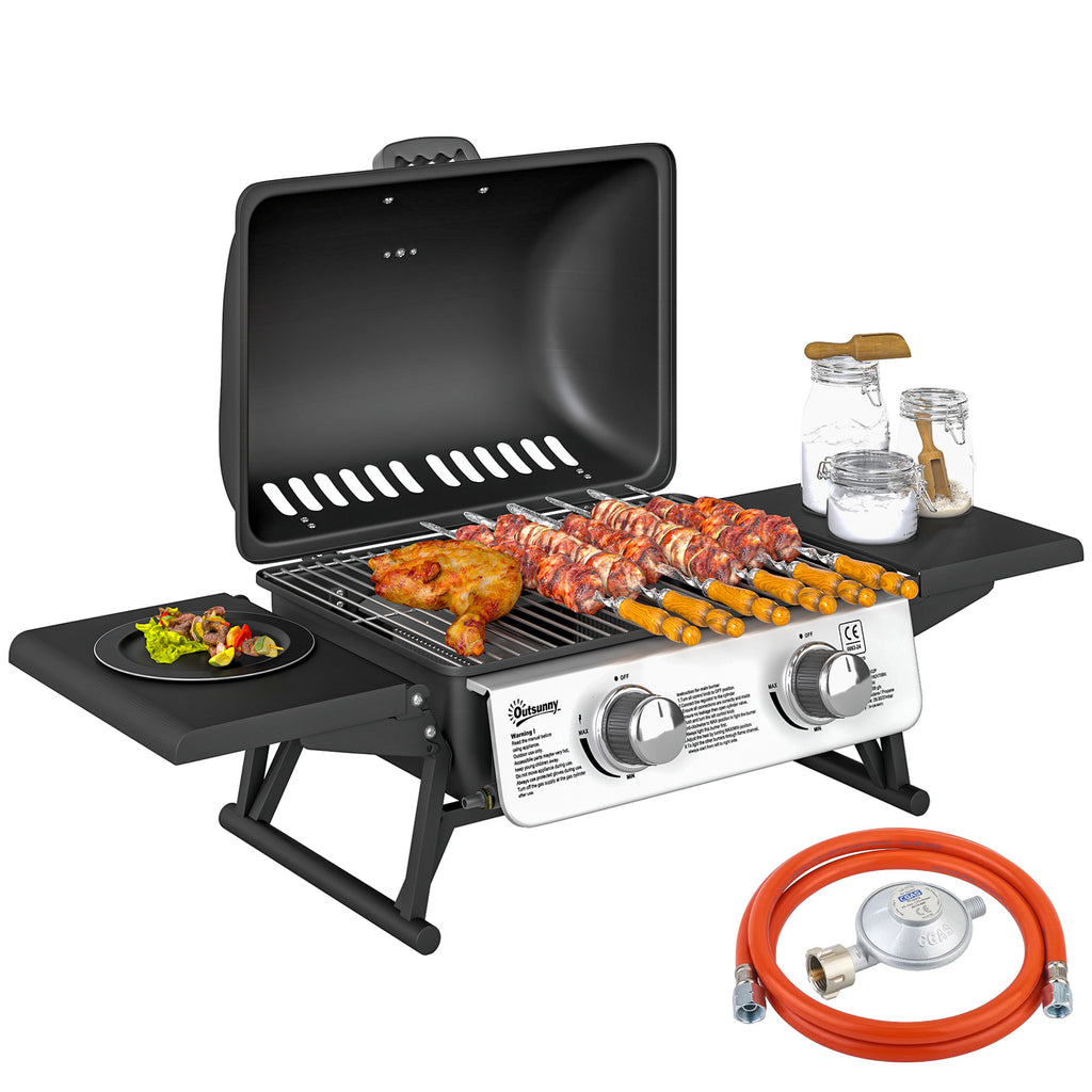 Outsunny Gasbarbecue 5,6 KW met 2 Roestvrijstalen Branders en Zijtafels, Drukregelaar 101 x 48 x 41 cm Zwart