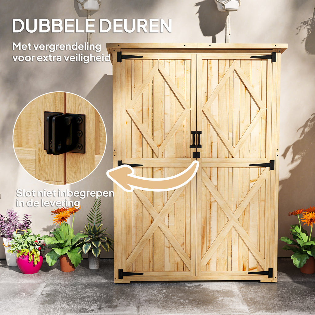 Outsunny Tuinopslagschuur, houten schuur voor gereedschap en tuinapparatuur, asfaltdak, dubbele deuren, sparrenhout, lichtbruin