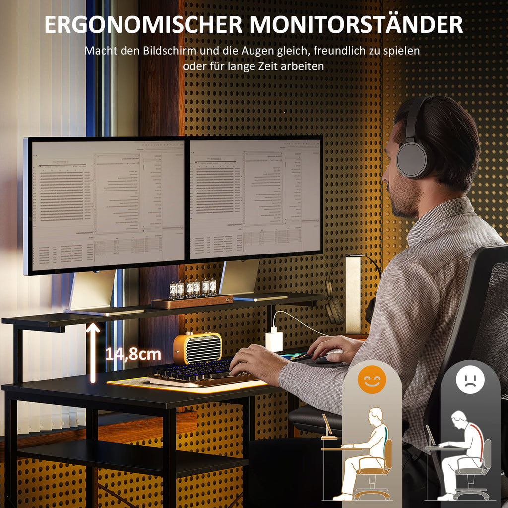 HOMCOM L-vormig Bureau met Oplaadstation, Hoek Computertafel met Monitorstandaard en Planken, voor Thuiswerkplek, Kantoor, Zwart