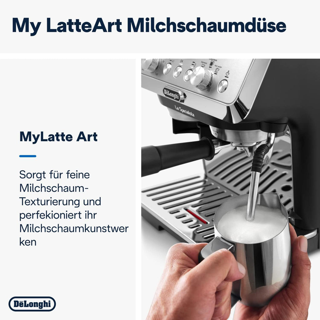 De'Longhi La Specialista Arte EC9155. MB Machine met zeven dragers, espressomachine met molen, 8 malingen, 15 bar, 3 temperaturen, melkopschuimmondstuk, 1300 W, tank van 1,5 l, roestvrij staal/zwart incl. barista-kit