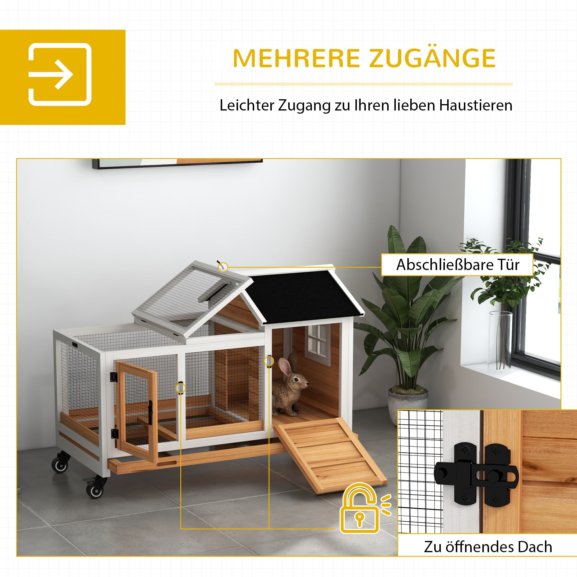 PawHut Konijnenhok voor Dwergkonijnen, Cavia's, met Wielen, 108 x 58 x 73,5 cm, Geel