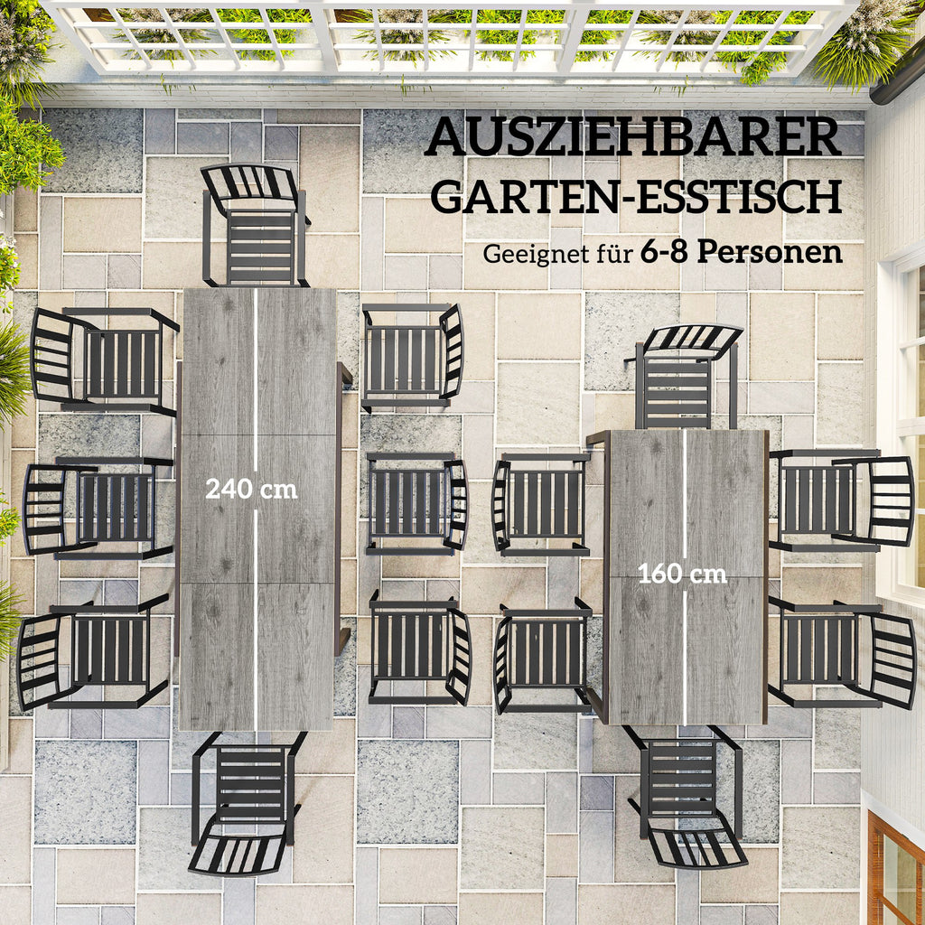 Outsunny Uitschuifbare Eettafel voor 6-8 Personen, Verstelbare Outdoor Tafel van Aluminium, Staal, Kunststof met Houteffect, Grijs