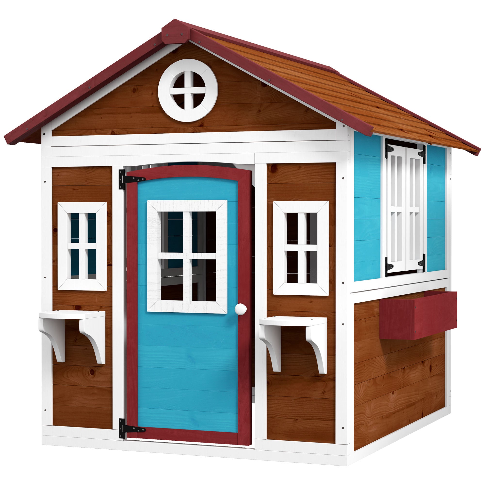 Outsunny Kinderspeelhuis van hout voor buiten, met ramen, bloempotten, ideaal voor kinderen van 3-8 jaar, Blauw