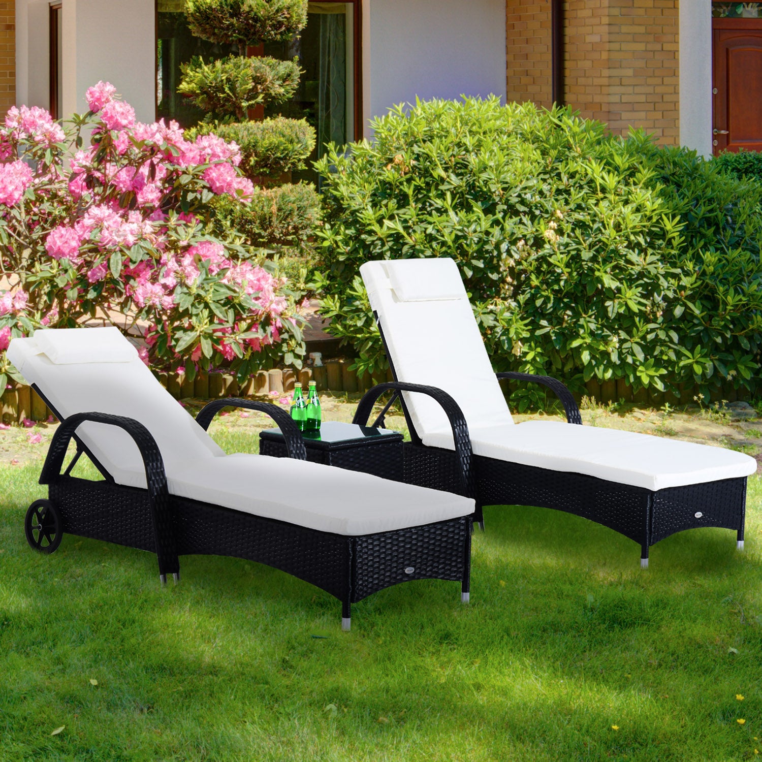 Outsunny® ligstoel tafel set van 3 tuinmeubelen ligbank voor buiten poly-rotan + metaal zwart
