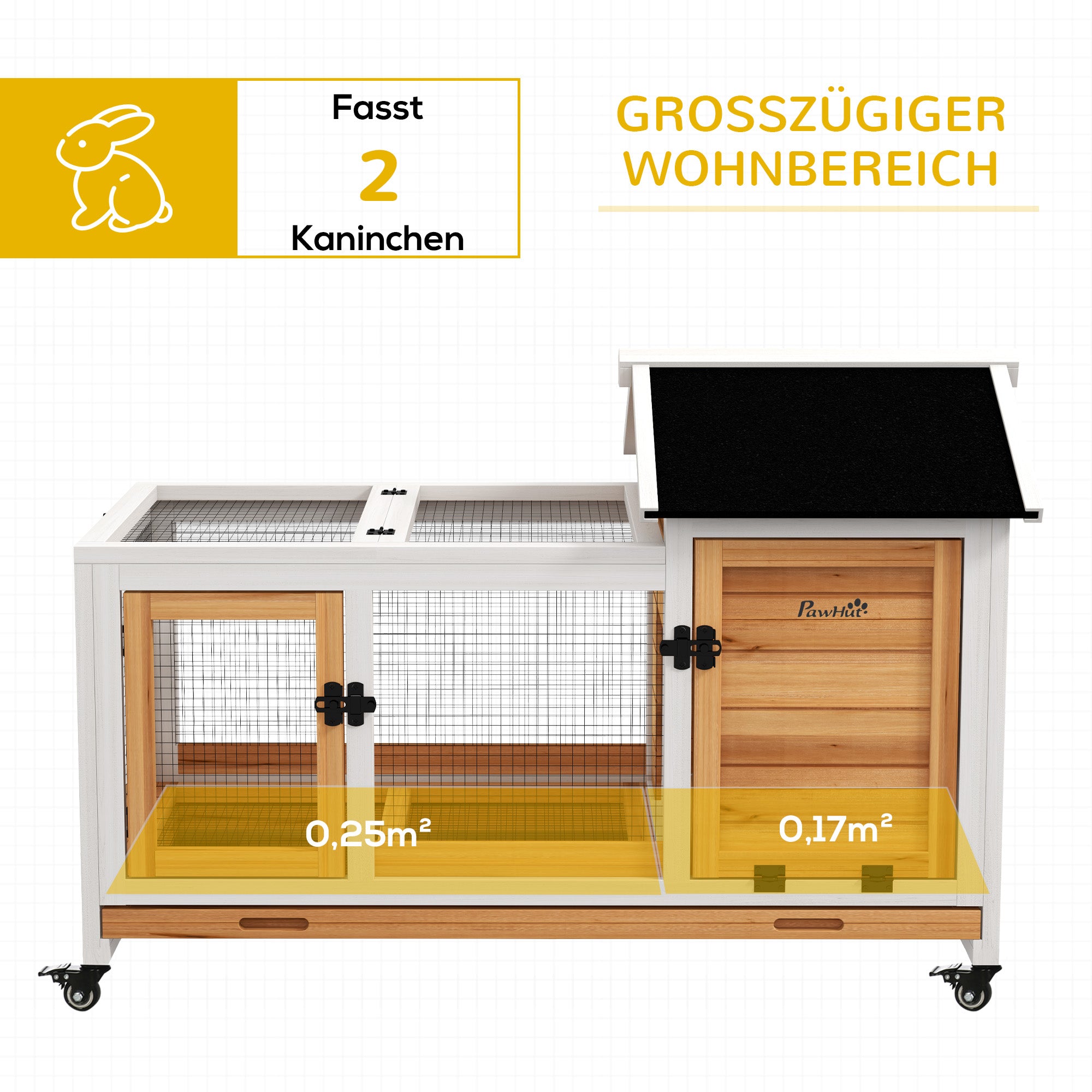 PawHut Konijnenhok voor Dwergkonijnen, Cavia's, met Wielen, 108 x 58 x 73,5 cm, Geel