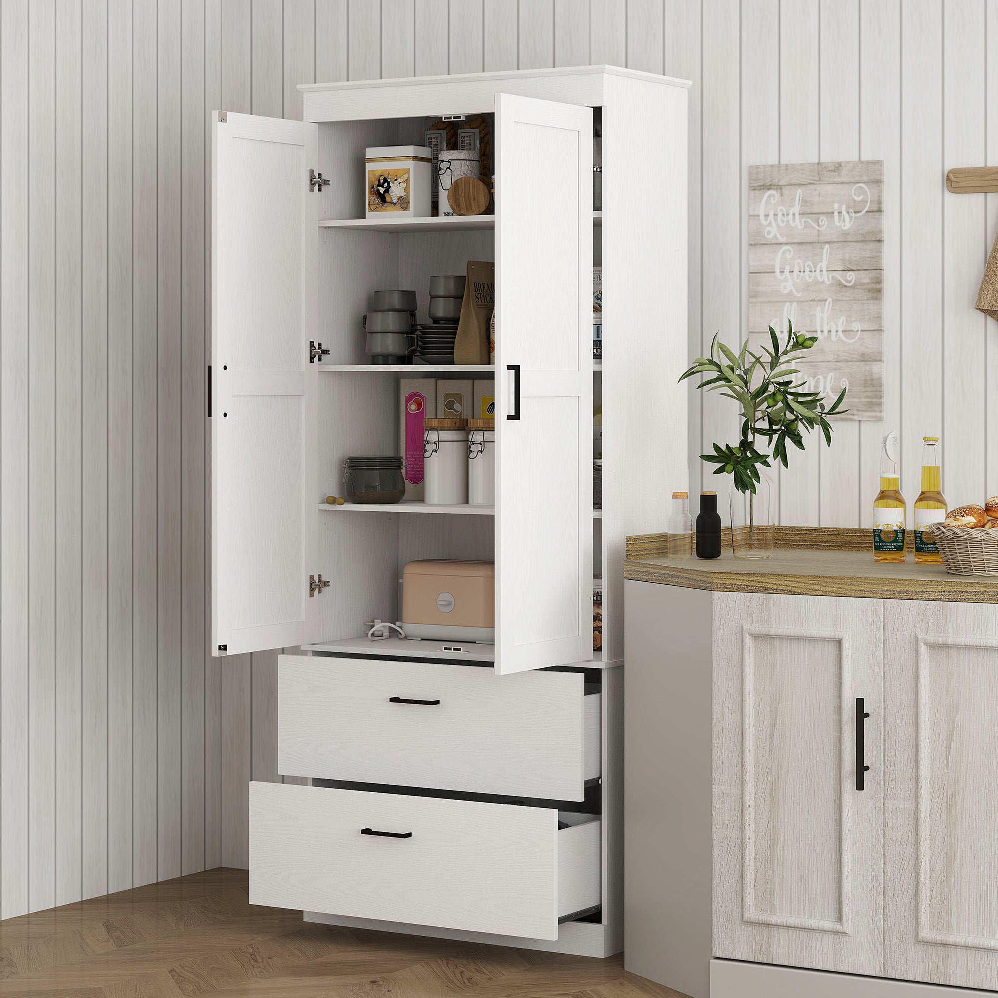 HOMCOM Vrijstaande Keukenkast met Verstelbare Schappen en Twee Brede Laden voor Woonkamer, Keuken, Wit
