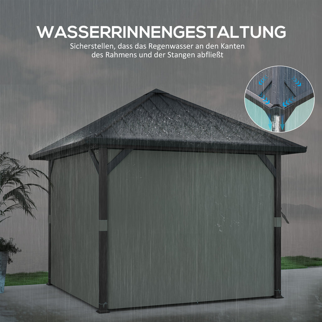 Outsunny 3 x 3m Harddak Paviljoen, Tuinpaviljoen met Metalen Dak, Waterbestendig Tuinzelt met Net en Zijwanden, Donkergrijs