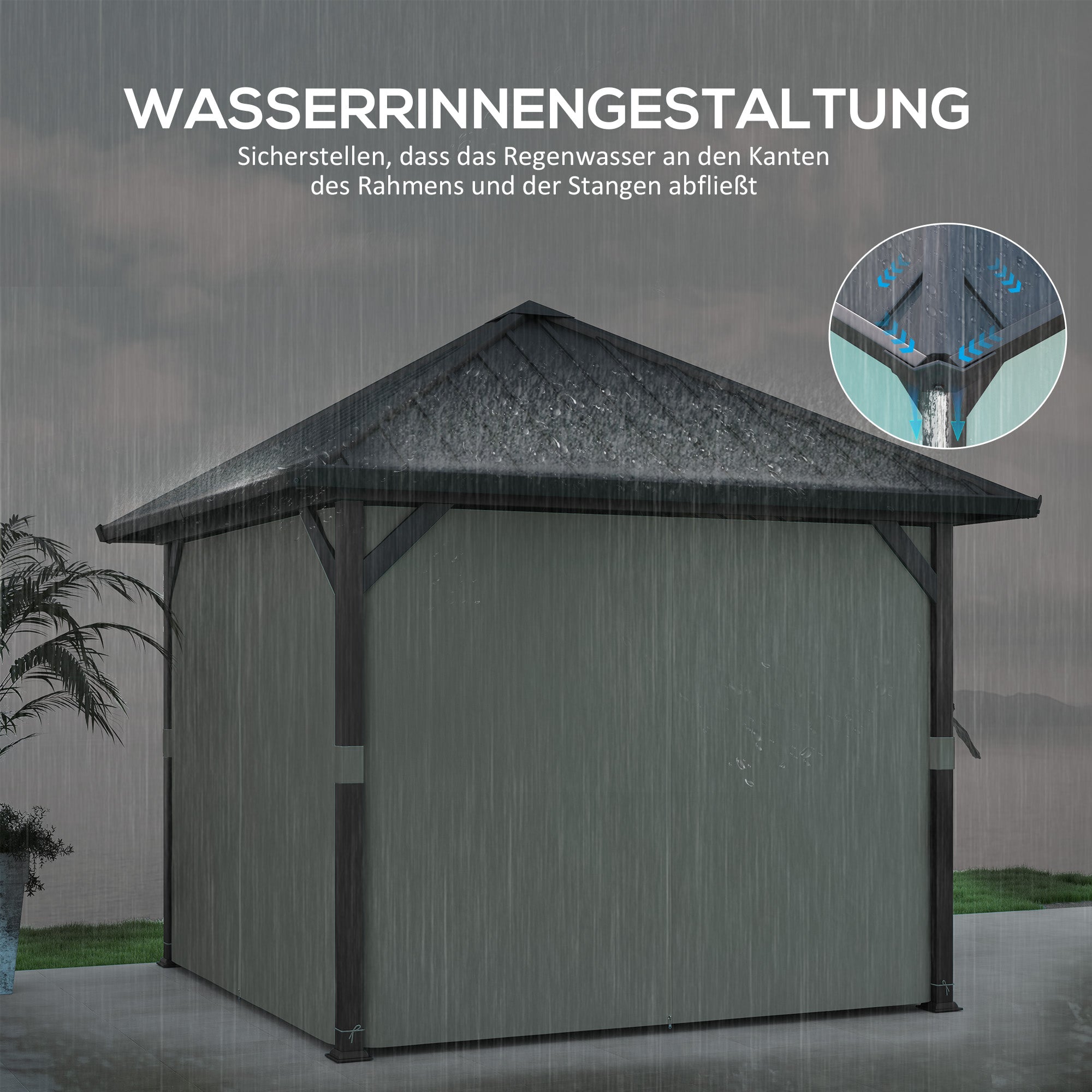 Outsunny 3 x 3m Harddak Paviljoen, Tuinpaviljoen met Metalen Dak, Waterbestendig Tuinzelt met Net en Zijwanden, Donkergrijs