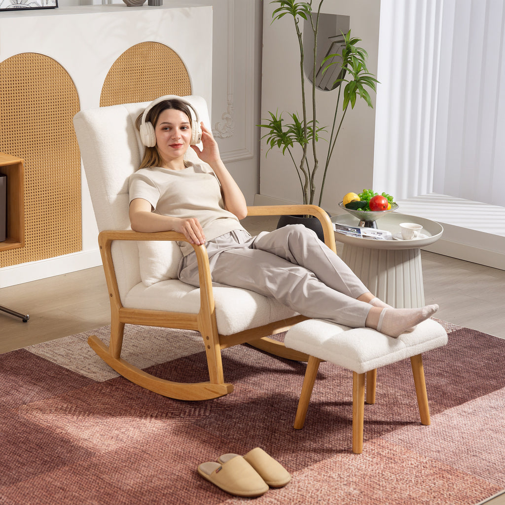 HOMCOM Schommelstoel met Voetensteun, Fleece-Bekleding, Hoge Rugleuning, Houten Poten, Voetpads, Wit