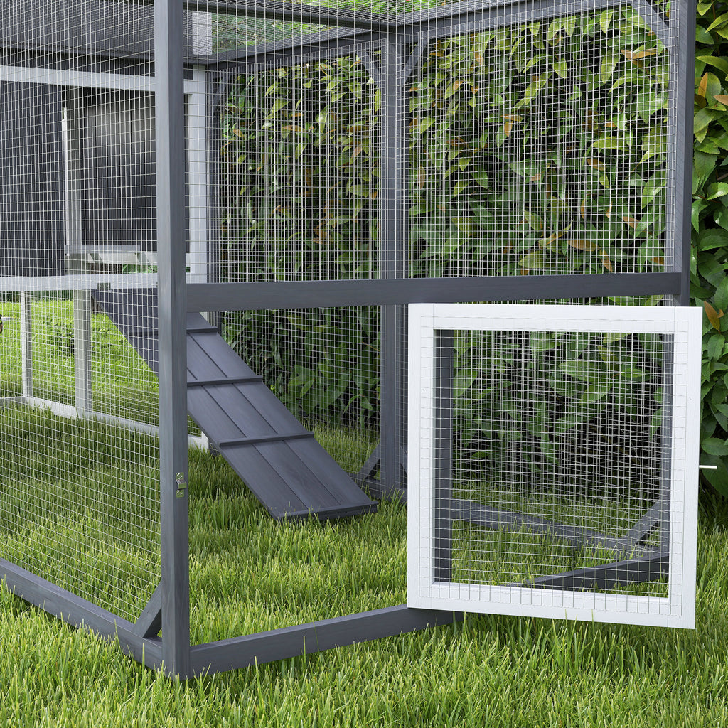 PawHut Kippenren met Uitloop voor 3-4 Kippen, 3-Delige Nestkast, 1,9 m² Oppervlak, Dennenhout, Grijs