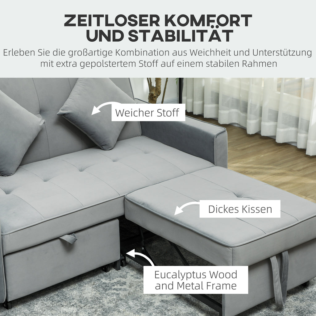 HOMCOM 4-in-1 Sofa, Verstelbare Bank, Bedbank, met Kussens, Stoffen Bekleding, voor Woonkamer, Slaapkamer, Grijs