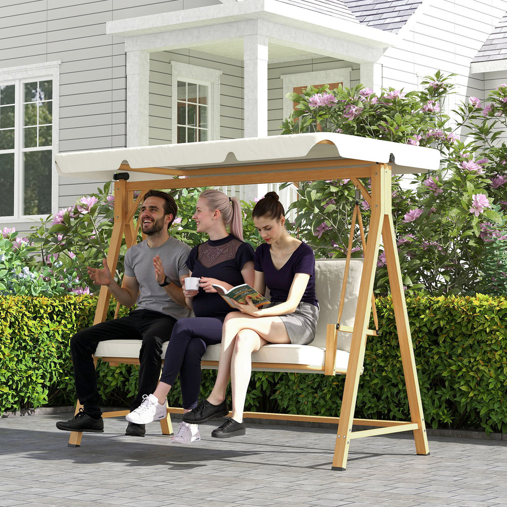 Outsunny Tuinschommel met Verstelbaar Zonnedak en Gewatteerde Zitting, 3-zits tot 330kg, 198 x 120 x 170cm, Beige