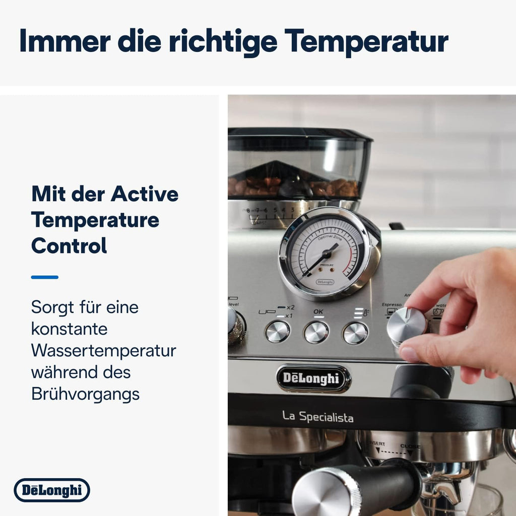 De'Longhi La Specialista Arte EC9155. MB Machine met zeven dragers, espressomachine met molen, 8 malingen, 15 bar, 3 temperaturen, melkopschuimmondstuk, 1300 W, tank van 1,5 l, roestvrij staal/zwart incl. barista-kit