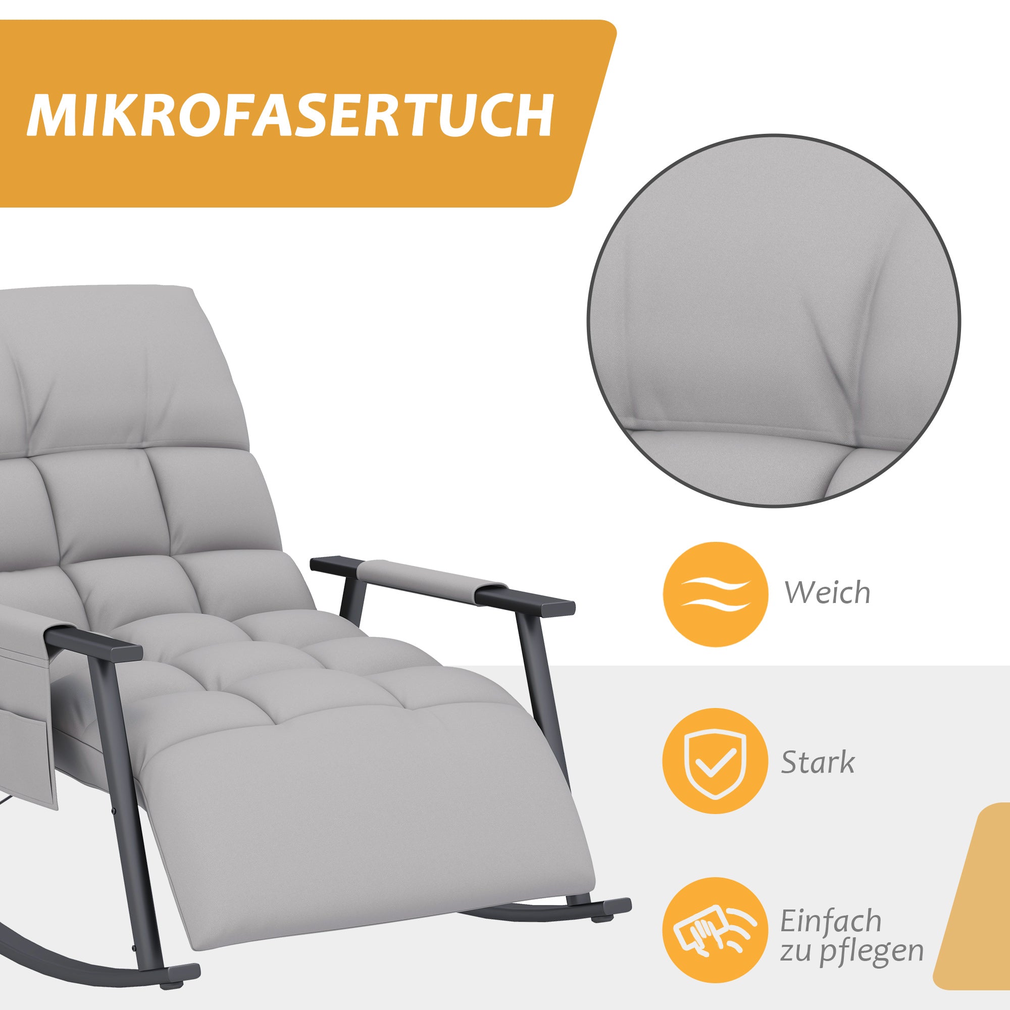 HOMCOM Schommelstoel, verstelbare rugleuning & voetensteun, zijvak, Microvezelhoes, Metalen frame, Grijs