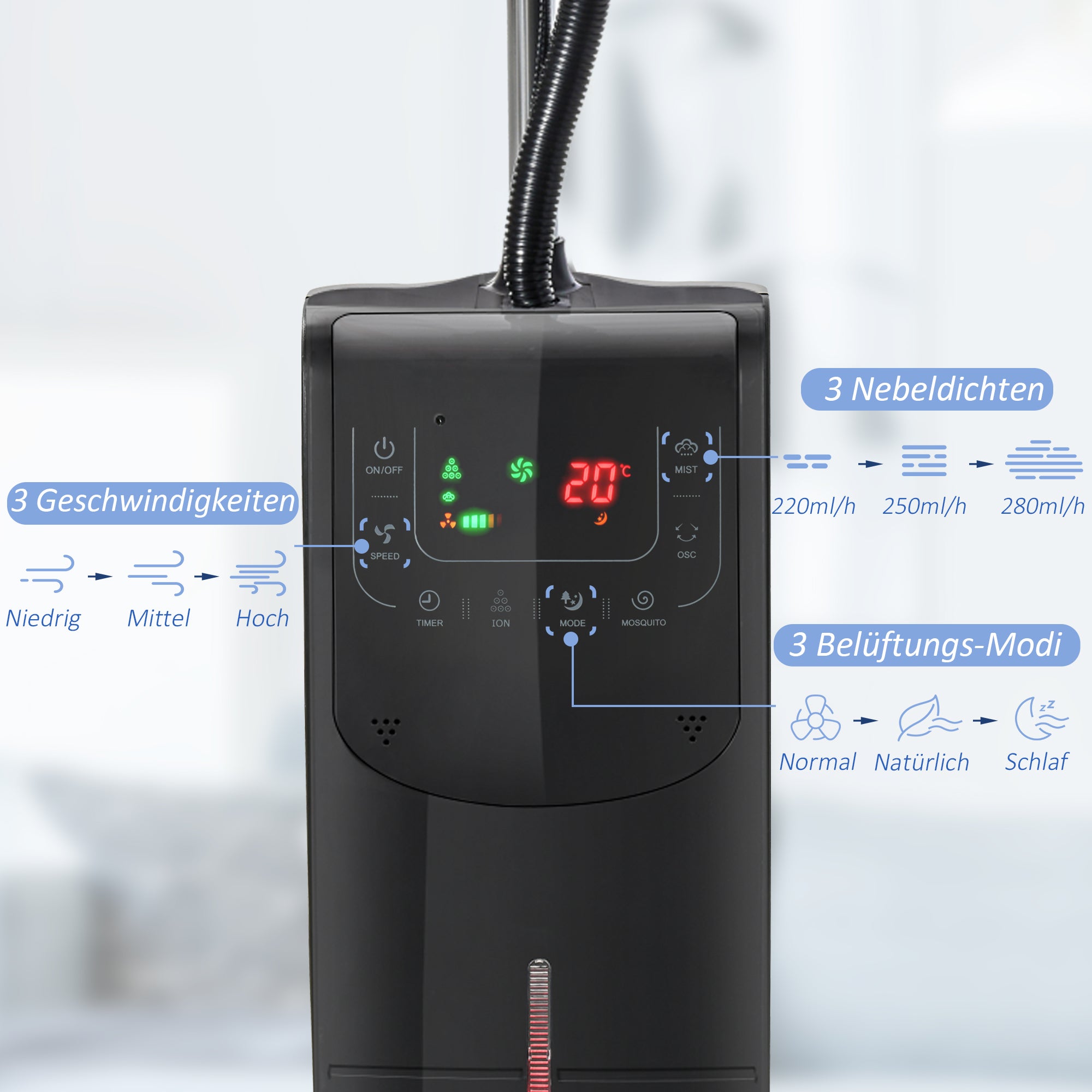HOMCOM Statiefventilator met 3,1 liter waterverstuiver ventilator hoogte 135 cm 3 modi