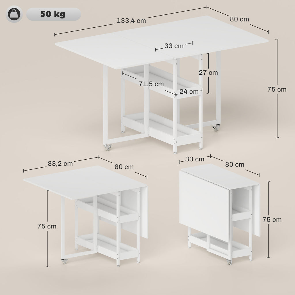 HOMCOM Uitschuifbare Eettafel in Industrieel Ontwerp voor tot 4 Personen, Open Schappen, Flexibel, Metaal, Spaanplaat, Wit