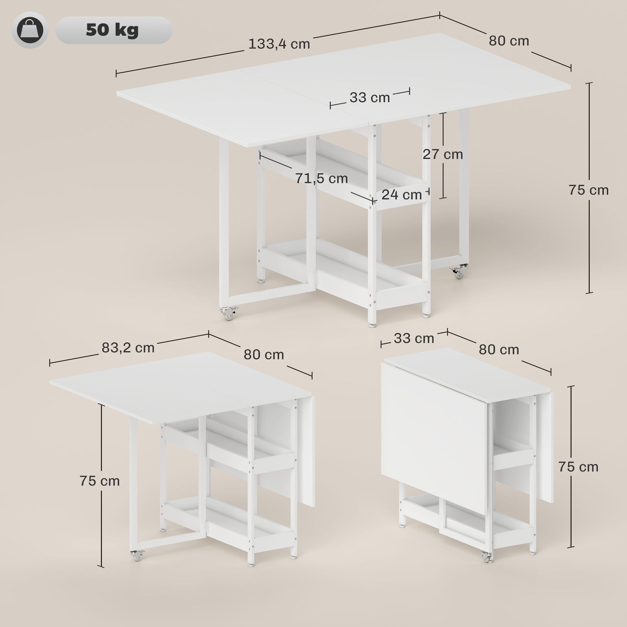 HOMCOM Uitschuifbare Eettafel in Industrieel Ontwerp voor tot 4 Personen, Open Schappen, Flexibel, Metaal, Spaanplaat, Wit
