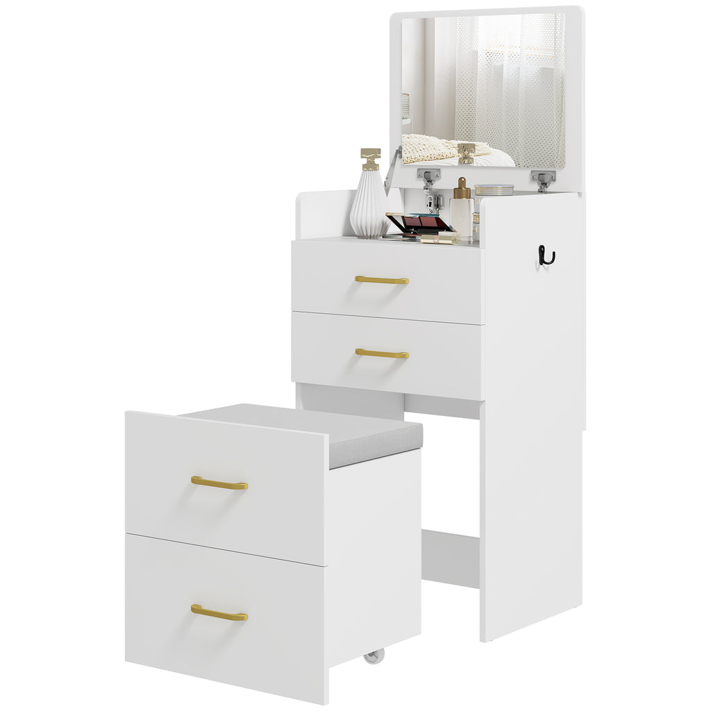 HOMCOM 3-in-1 Make-uptafel met Spiegel, Nachtkastje, Rollende Kruk, Lades, Wit