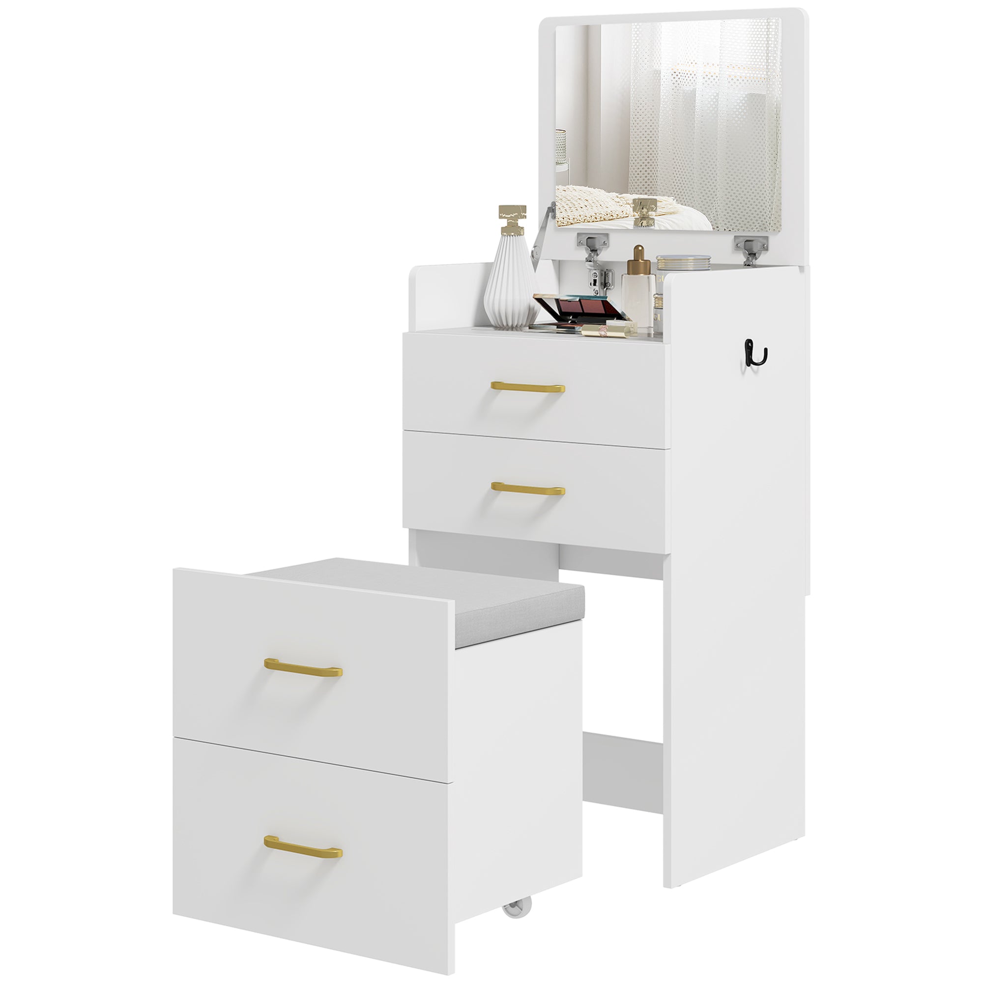 HOMCOM 3-in-1 Make-uptafel met Spiegel, Nachtkastje, Rollende Kruk, Lades, Wit
