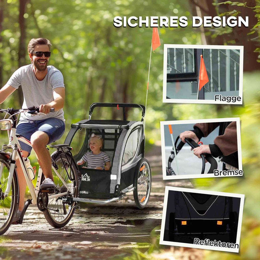 HOMCOM Kinderfietskar/Duwwagen met Remmen, Opvouwbaar, voor 2 Kinderen, Grijs/Zwart