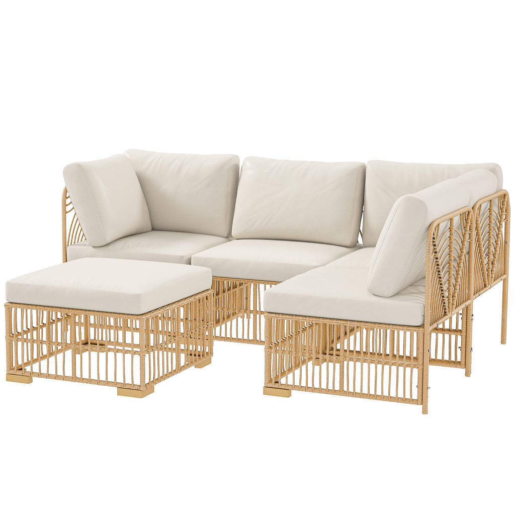 Outsunny 5-delige Tuinmeubelset, 2 Hoekstoelen, 2 Middelstoelen, Voetenbank, Zitkussens, Rugkussens, Lichtbruin+Cremewit