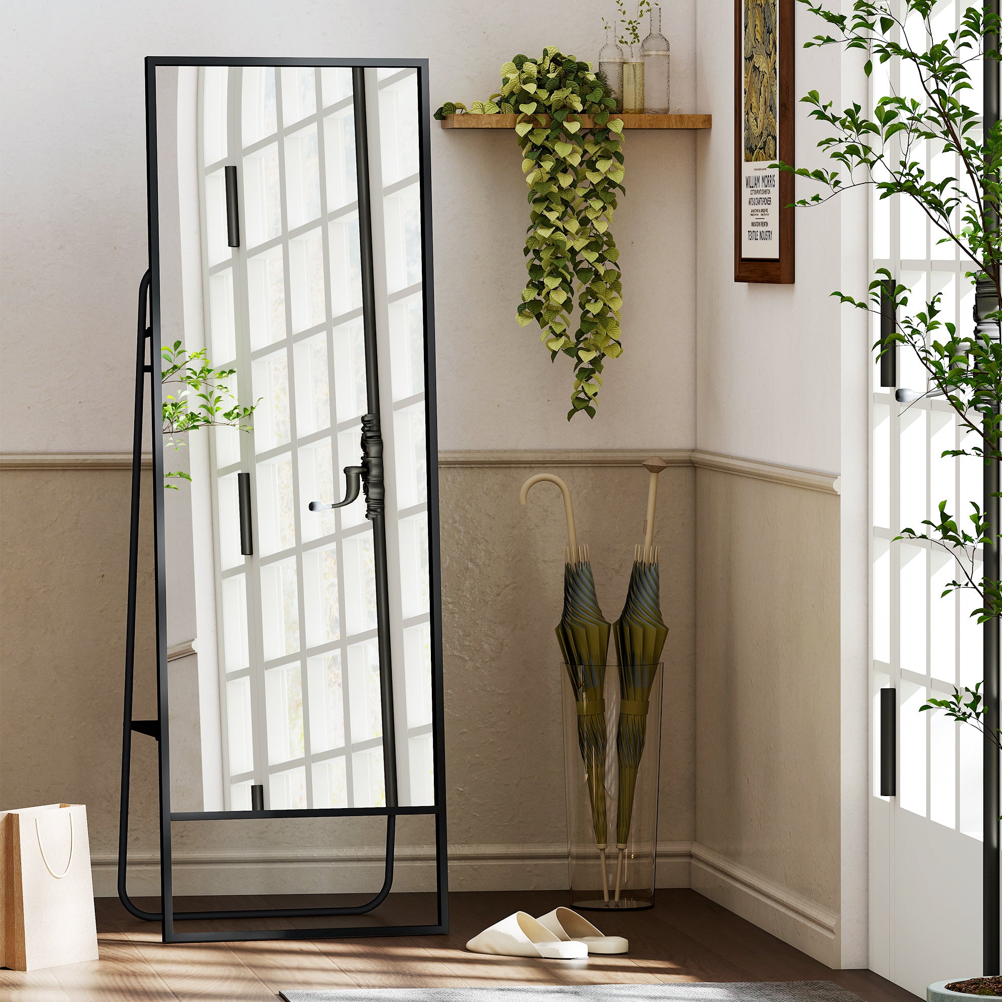 HOMCOM Volledige lichaamsspiegel, industrieel ontwerp, achterplank, 2 haken, metalen frame, voor slaapkamer, 157 x 50 cm, Zwart