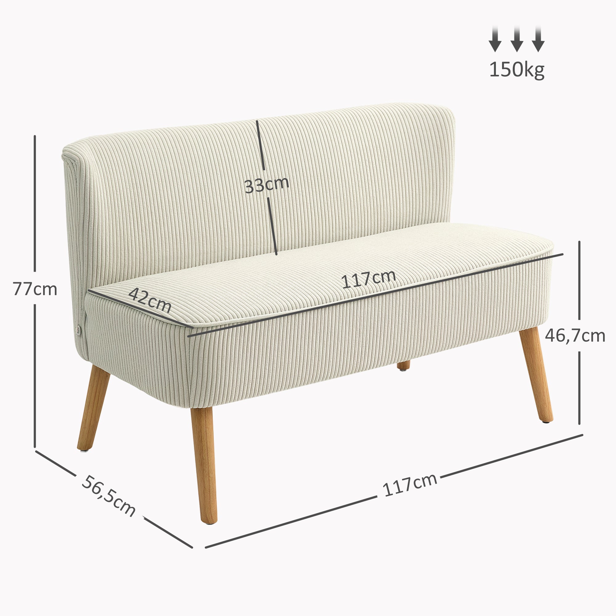 HOMCOM Tweezitsbank, Zachte Bekleding, Onderhoudsvriendelijk, Tot 150 kg Belastbaar, 117 x 56,5 x 77 cm, Crème Wit