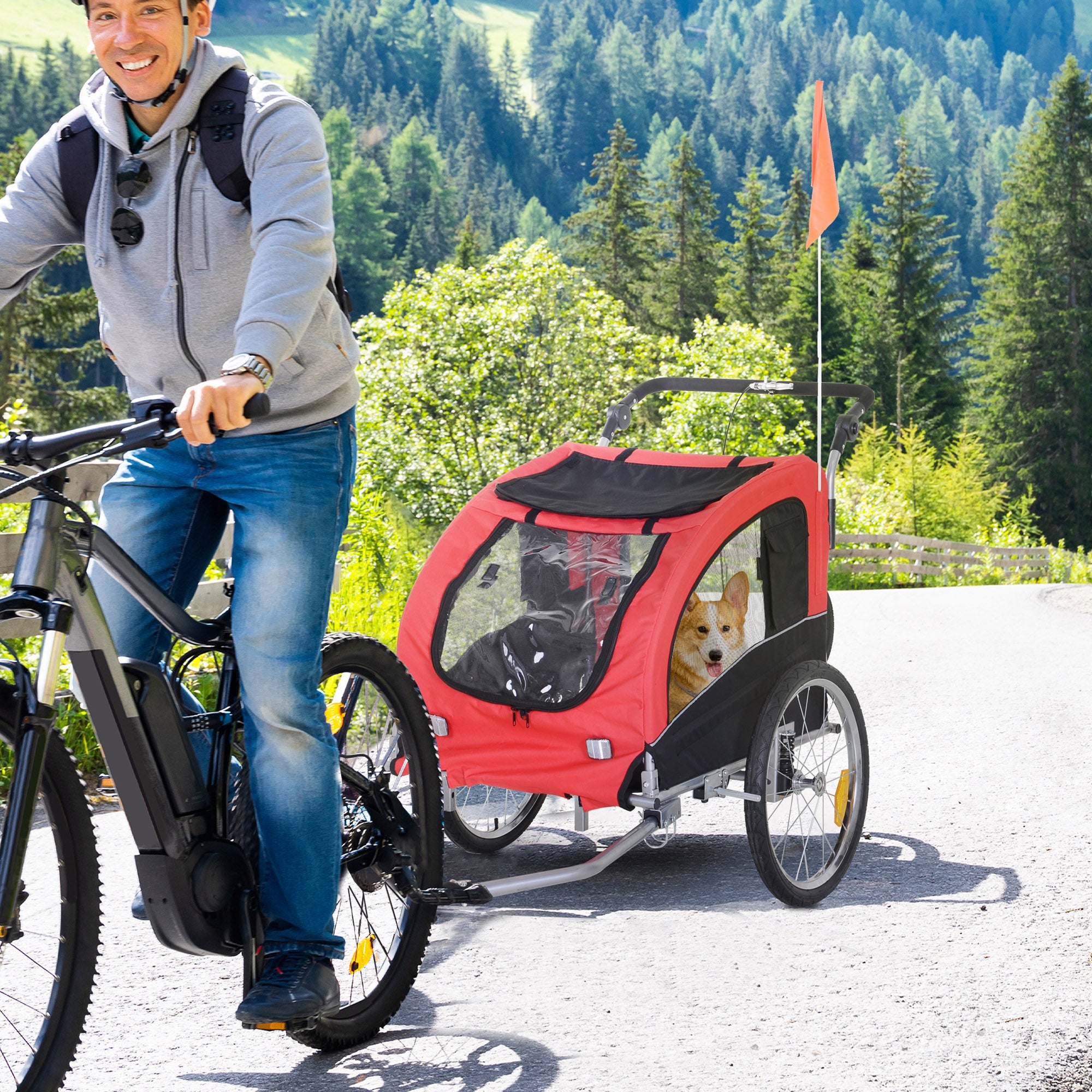 PawHut 2 in 1 hondenaanhanger fietskar jogger vlag regenhoes voor honden Rood