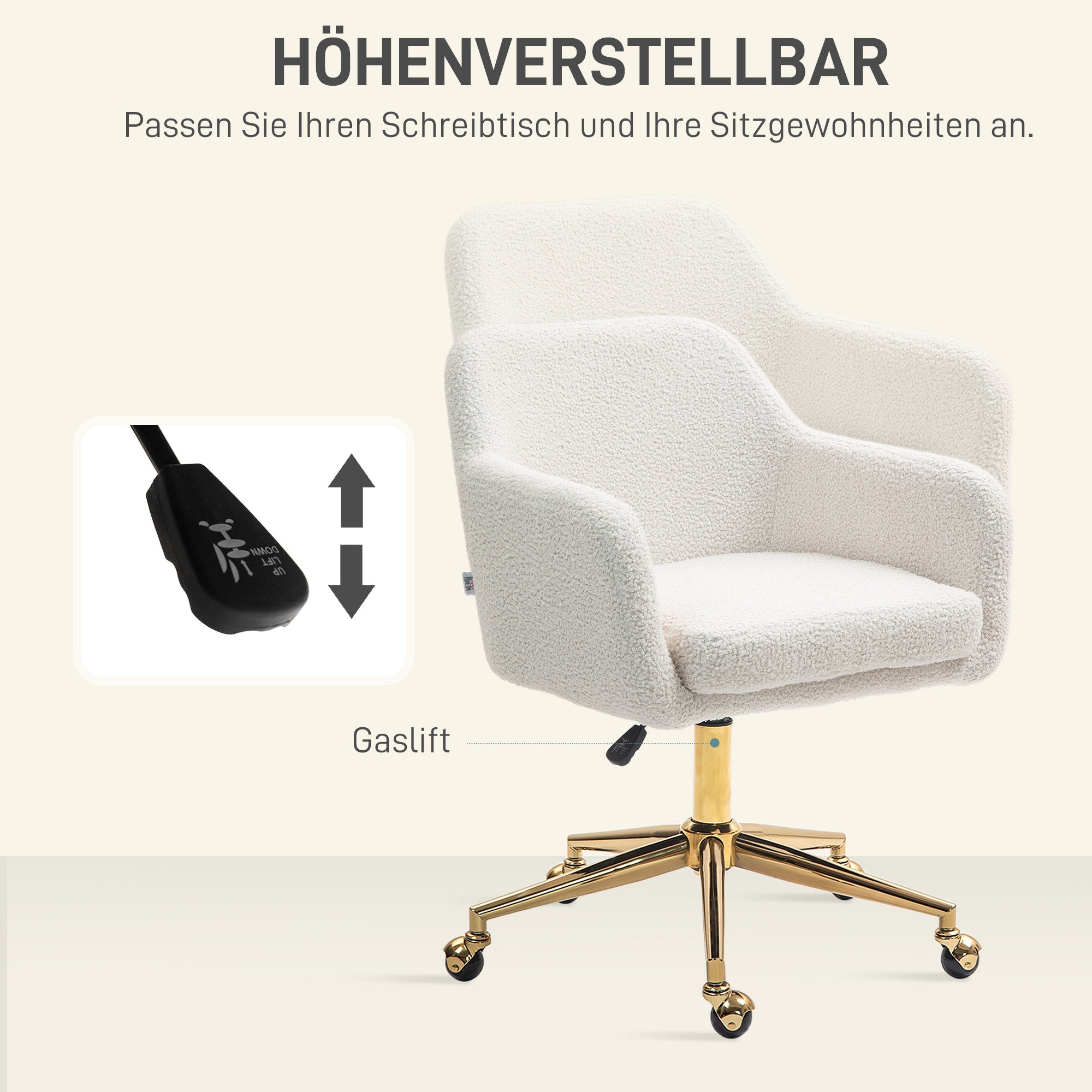 HOMCOM Thuiskantoor Stoel, Hoogteverstelbare Bureaustoel met Wielen, Fluweelachtige Bekleding, Metalen Basis, Crèmewit