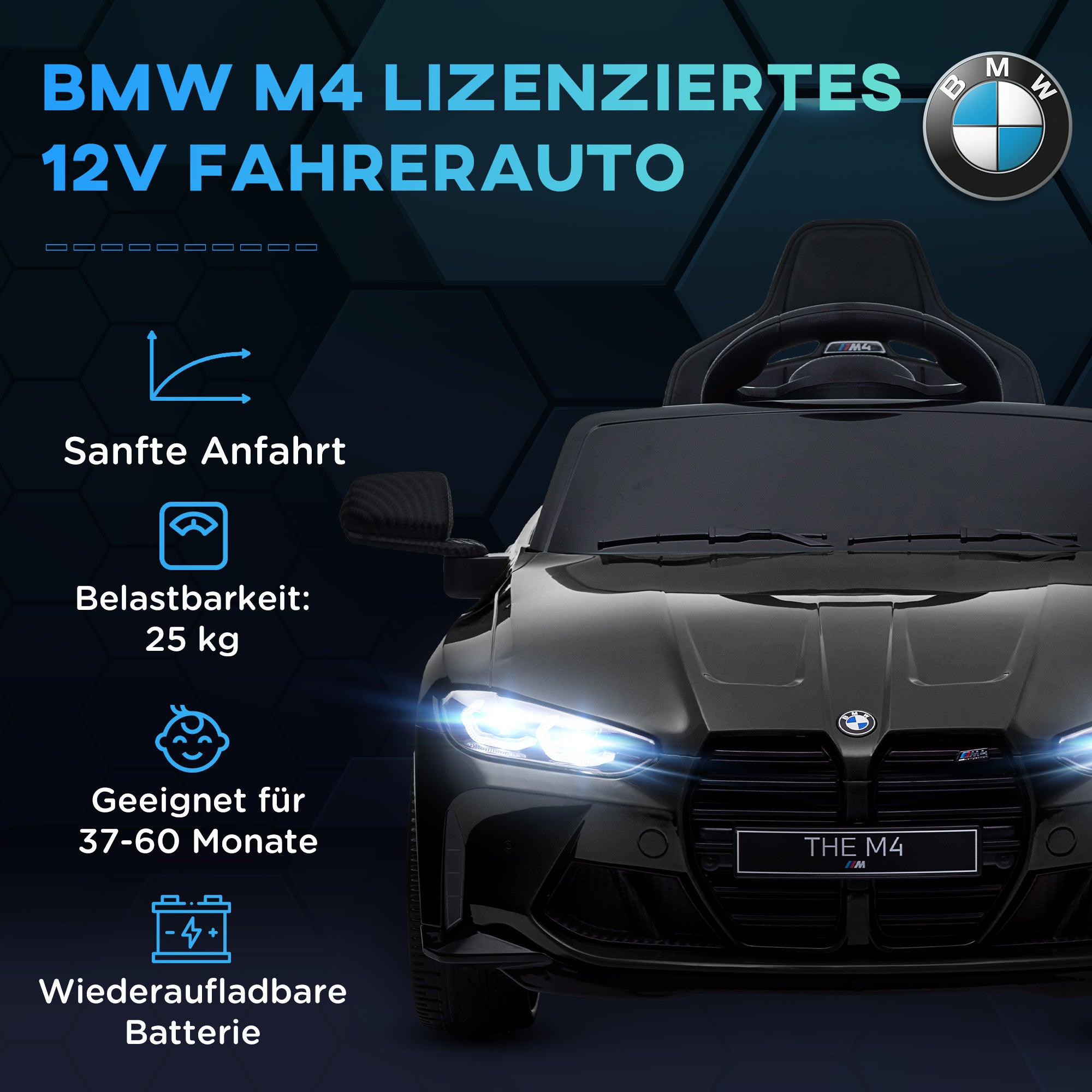AIYAPLAY Elektrische Kinderauto BMW M4 met Geluid & Licht, 3-5 km/u, Incl. Afstandsbediening, voor 3-5 Jaar, Zwart
