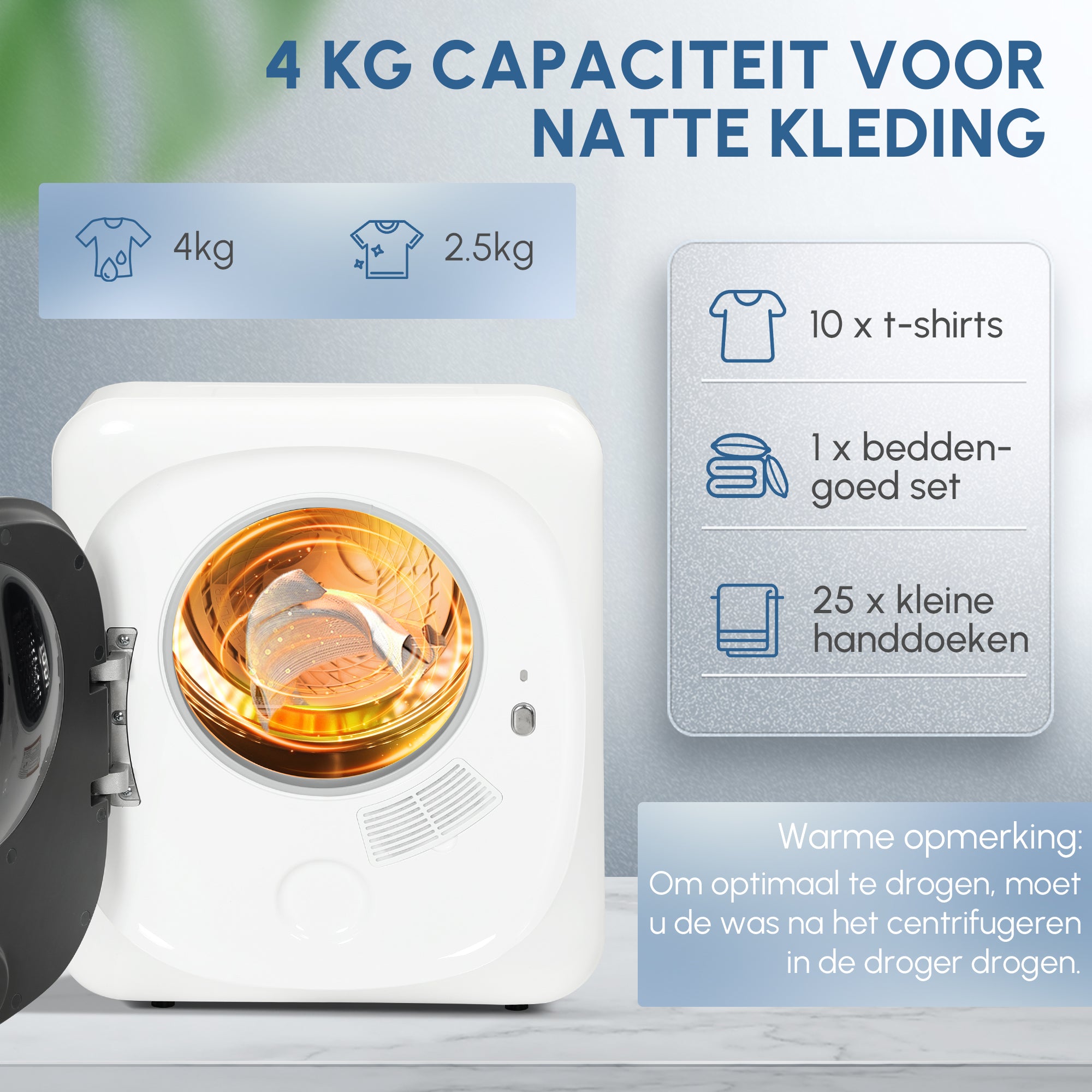 HOMCOM Wasdroger met UV-Desinfectie, Compact Ontwerp, 4 kg Capaciteit, Roestvrijstaal, Wit