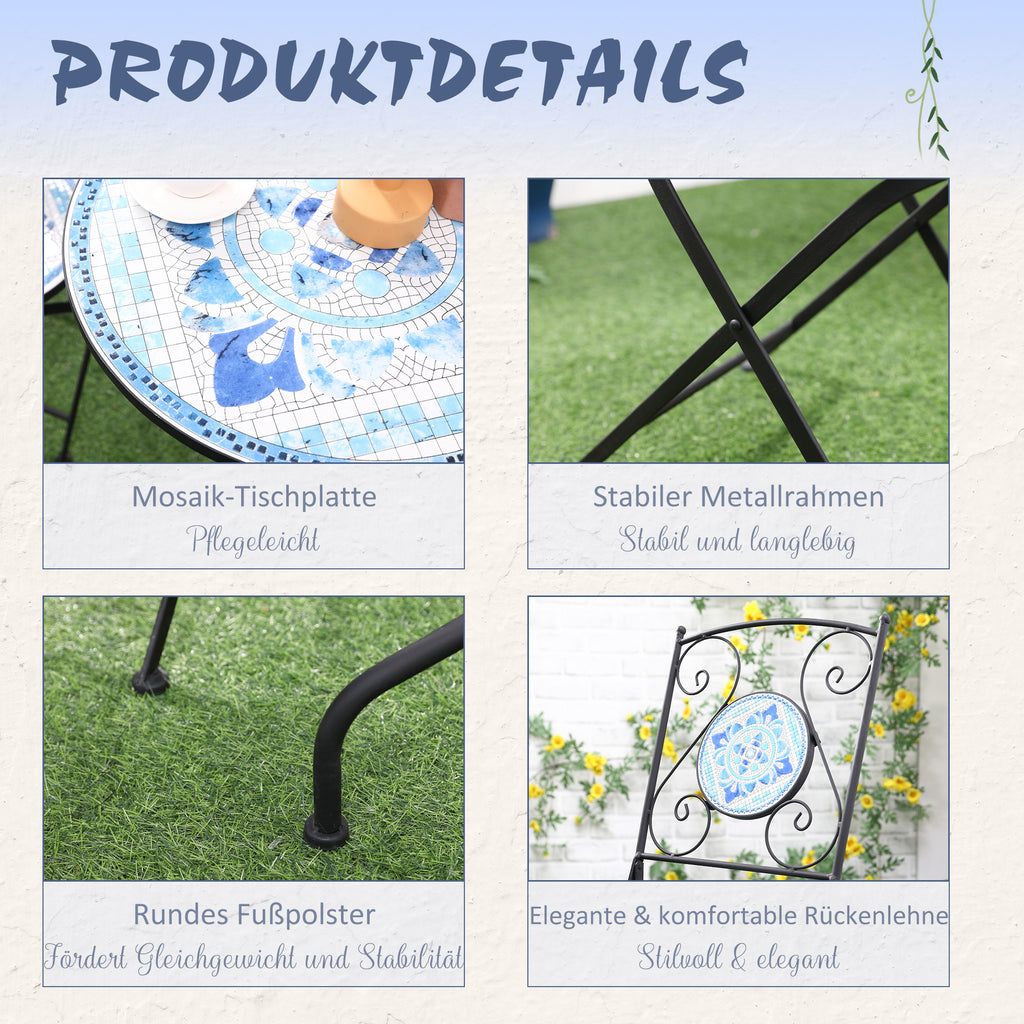 Outsunny Ø 61 cm tuinzitgroep 3-delige bistroset set 1 tafel + 2 klapstoelen voor terrasbalkon staalblauw