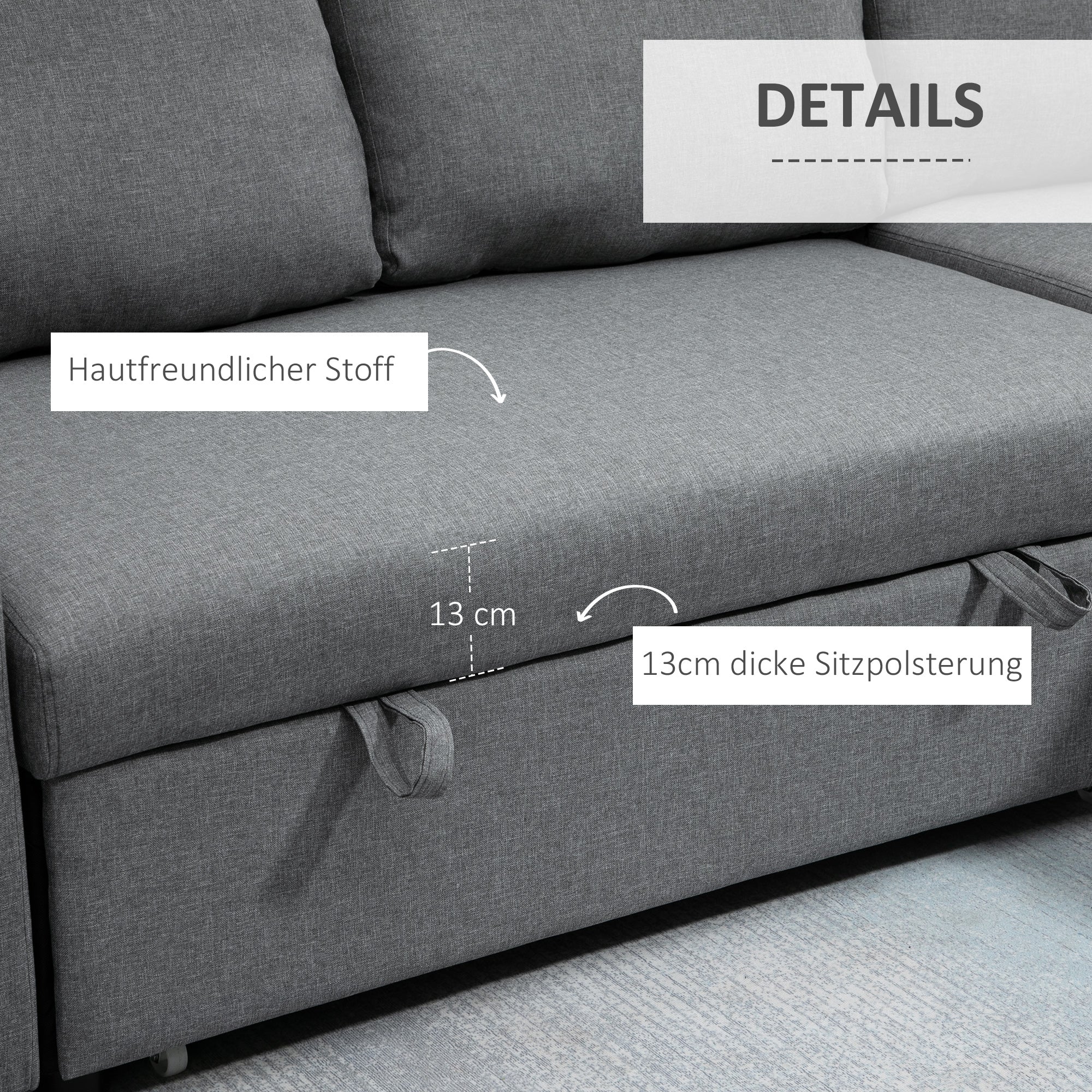 HOMCOM hoekbank met slaapfunctie opbergruimte hoekbank met bedstee chaise longue slaapbank stoffen bank L-vorm linnen touch lichtgrijs 211,5 x 146 x 85 cm