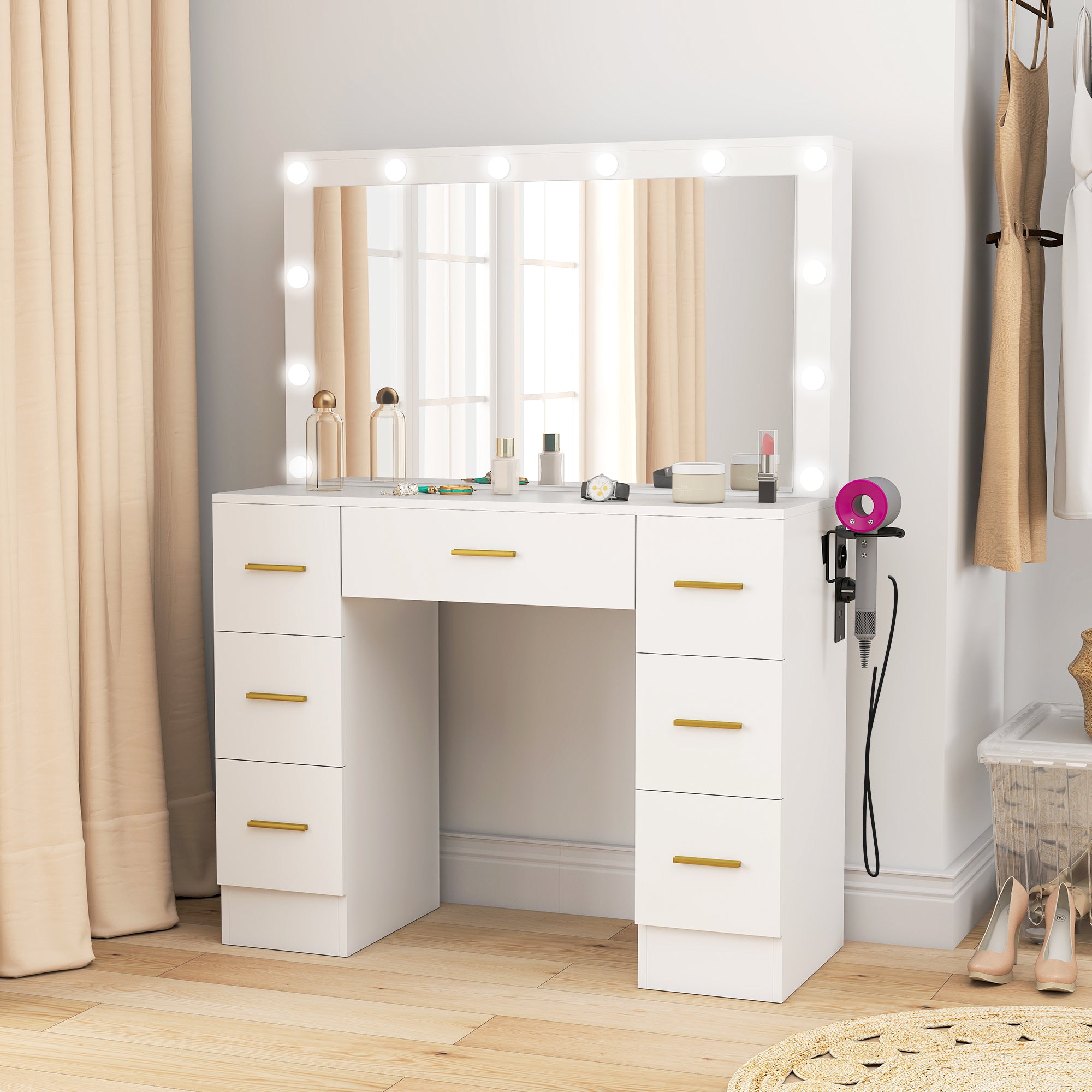 HOMCOM Kaptafel met Spiegel en 12 LED-lampen, Friseurtafel met 7 Lades, 6 Verborgen Opbergvakken, Spaanplaat, Wit