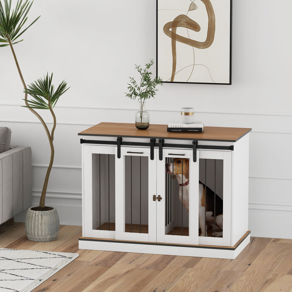 PawHut Hondenkooi met 2 Deuren, Hondenbox, Transportbox voor Honden, Rustiek Ontwerp, Vergrendelbaar, Wit
