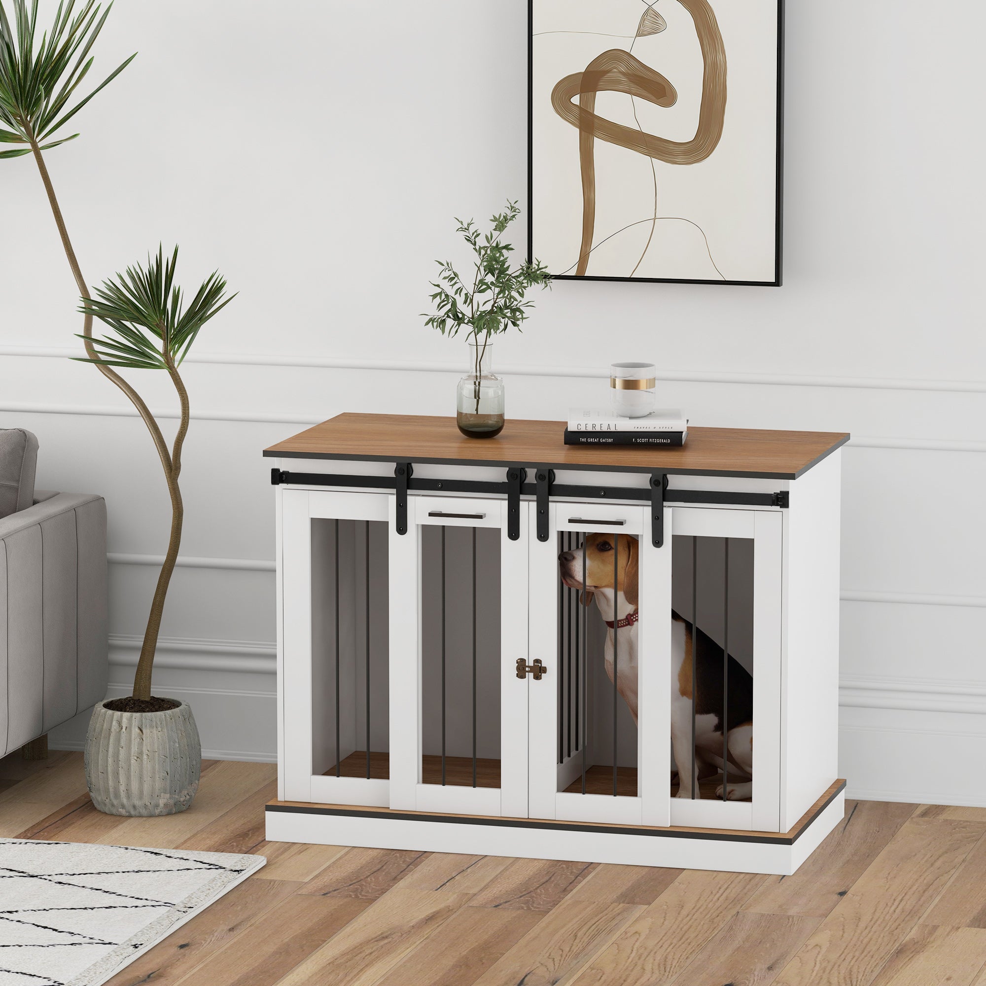 PawHut Hondenkooi met 2 Deuren, Hondenbox, Transportbox voor Honden, Rustiek Ontwerp, Vergrendelbaar, Wit
