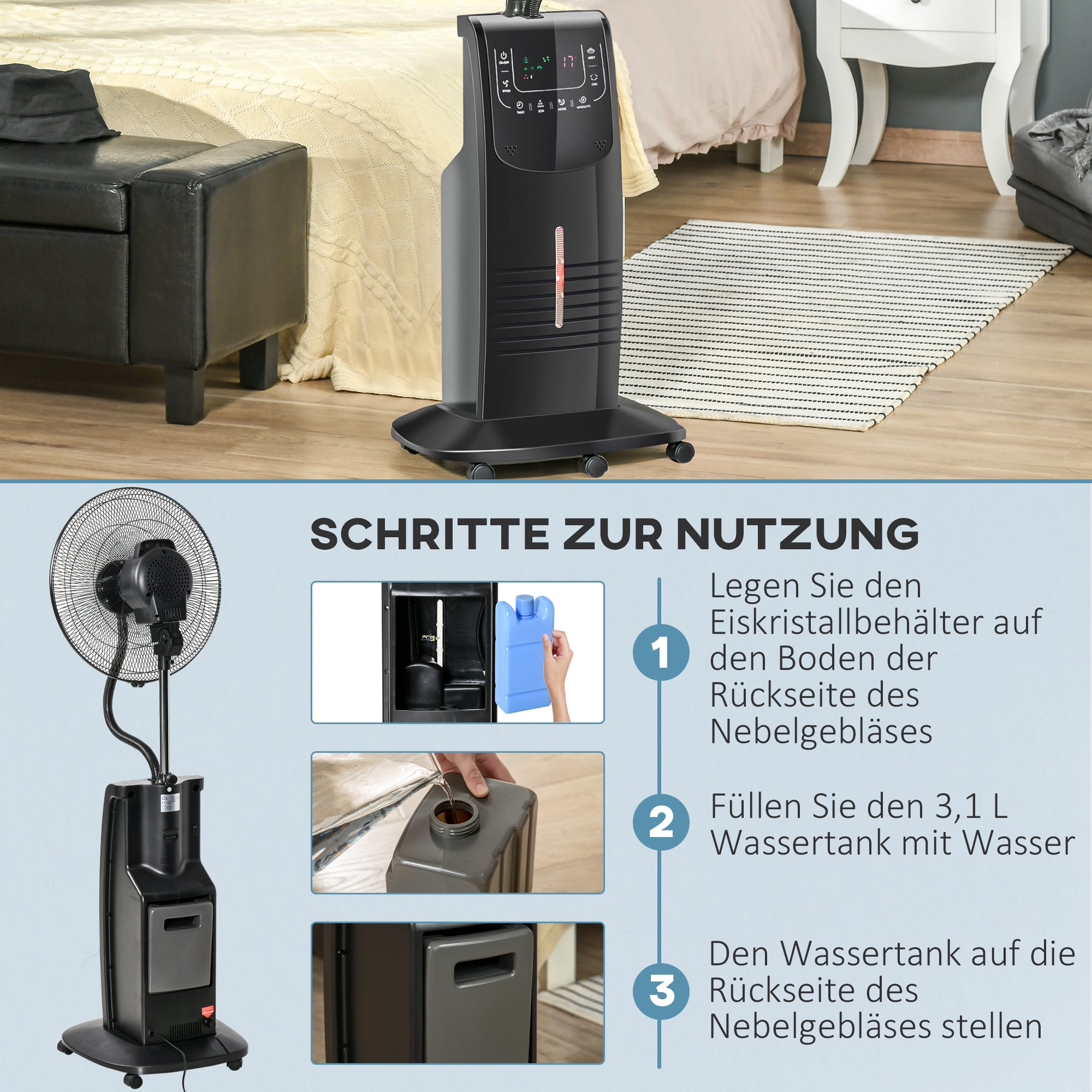 HOMCOM Statiefventilator met 3,1 liter waterverstuiver ventilator hoogte 135 cm 3 modi